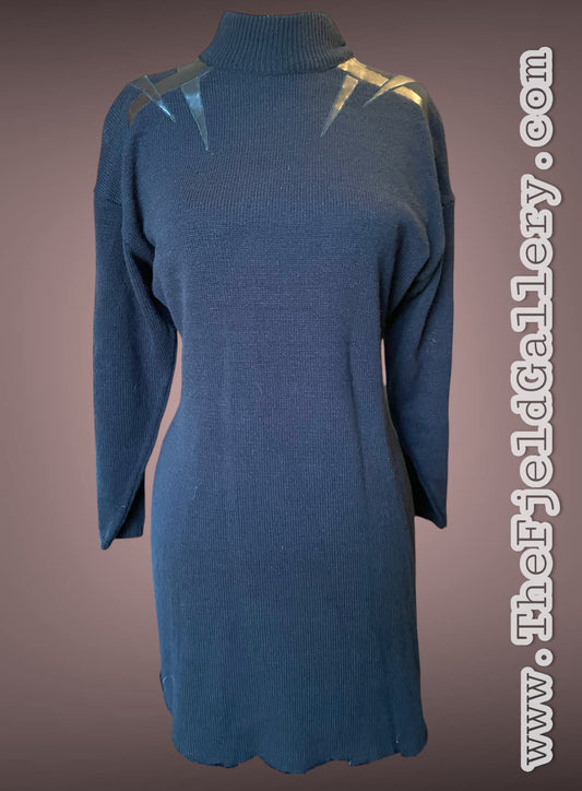 1980’s Amilano Black Sweater Dress w/ Geometric Faux Leather Shoulder Detail