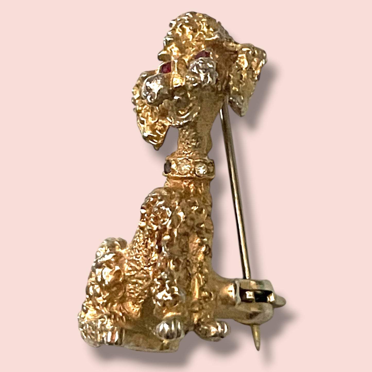 Adorable Designer Gold Poodle with Red Crystal Eyes & Crystal Collar Brooch