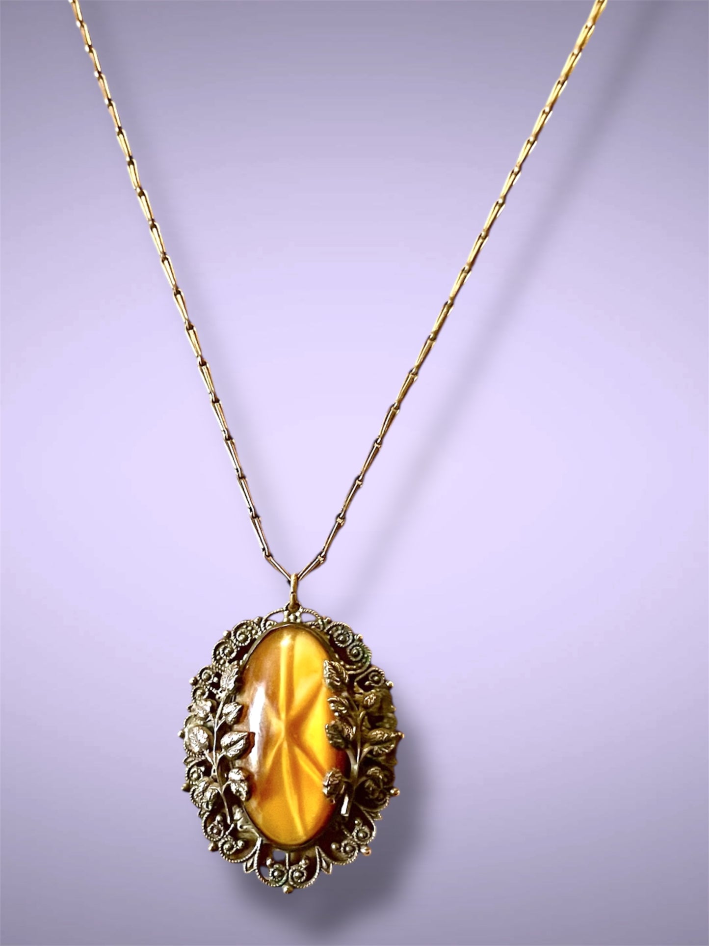 Art Nouveau Czechoslovakian Brass Citrine Cat Eye Star Art Glass Necklace