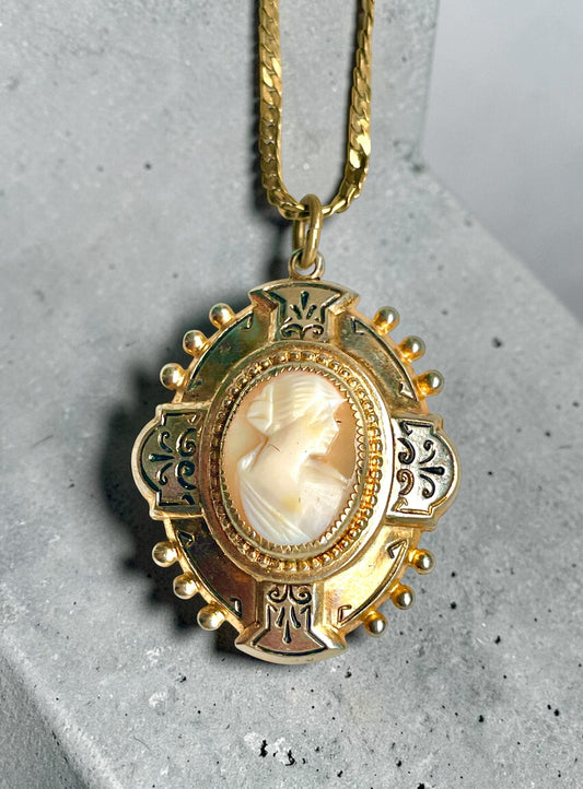 Edwardian Mixed Metal Carved Shell Cameo Cross Locket 14K GF Necklace