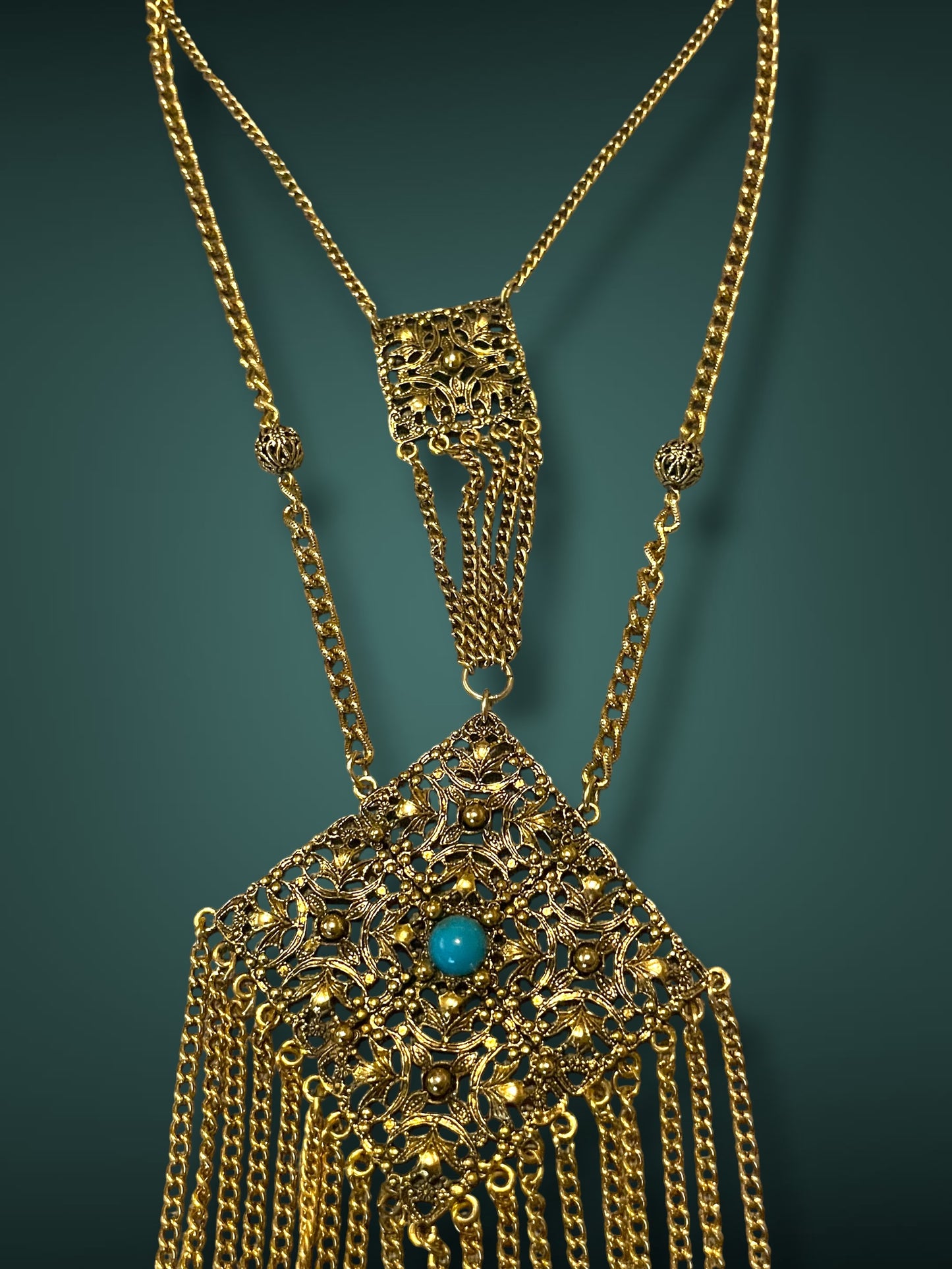 Art Nouveau Czech Gold Filigree Chestplate Turquoise Chain Dangle Festoon Necklace
