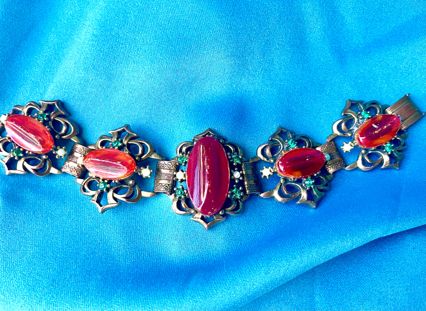 Heavy Brass Booklink Red-Orange Faux Amber Celluloid, Green Crystal & Pearl Panel Link Bracelet