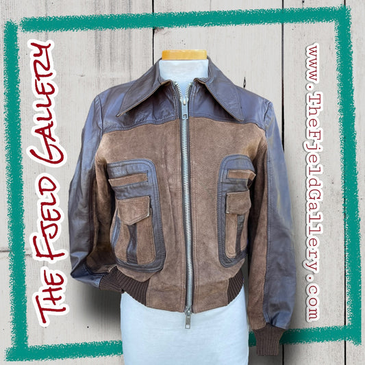 Vintage Brown Leather, Suede & Knit Bomber Jacket with Double Zipper