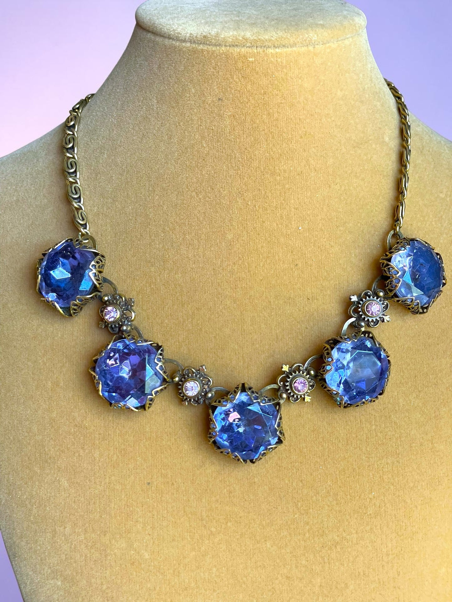 Art Nouveau Austrian Lilac Purple & Pink Crystal Gold Filled Brass Filigree Schiaparelli Necklace