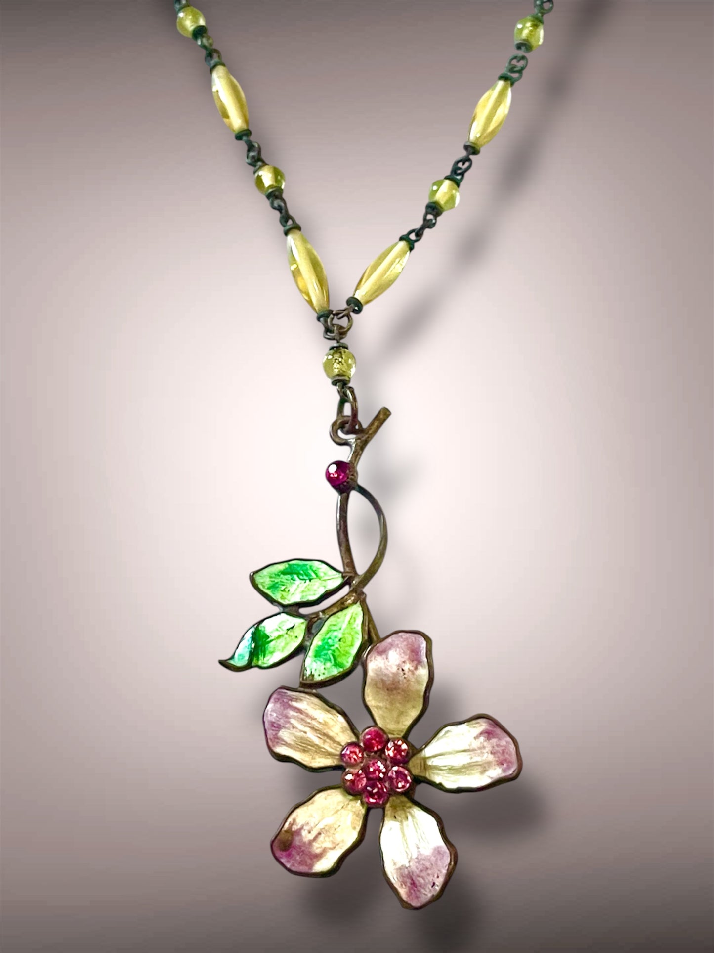 Art Nouveau Czech Cloisonné Yellow & Purple Flower, Leaves & Pink Crystal Yellow Glass Bead Y Drop Lavaliere Necklace