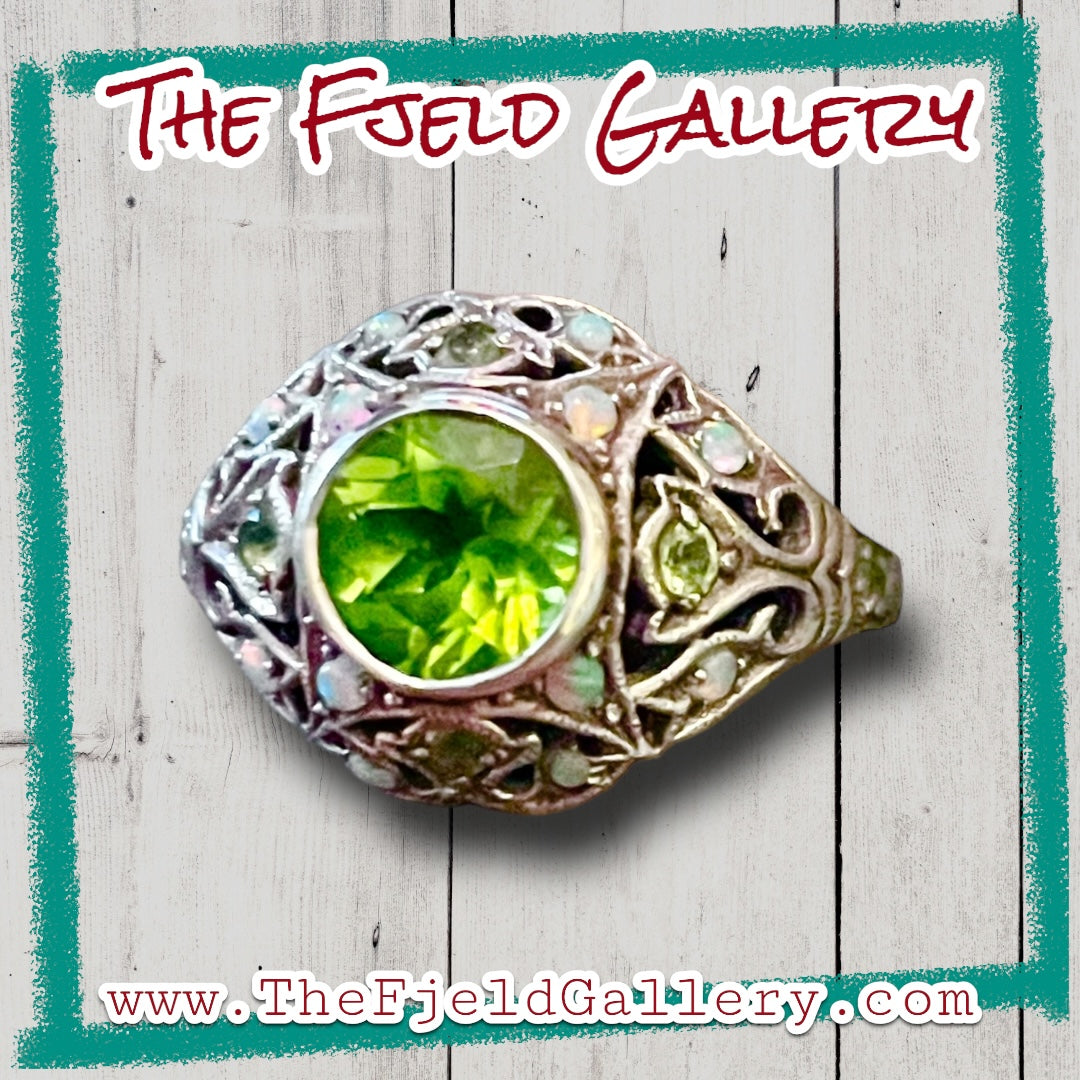 Peridot & Opal Sterling Silver Victorian Filigree Vintage Dome Ring