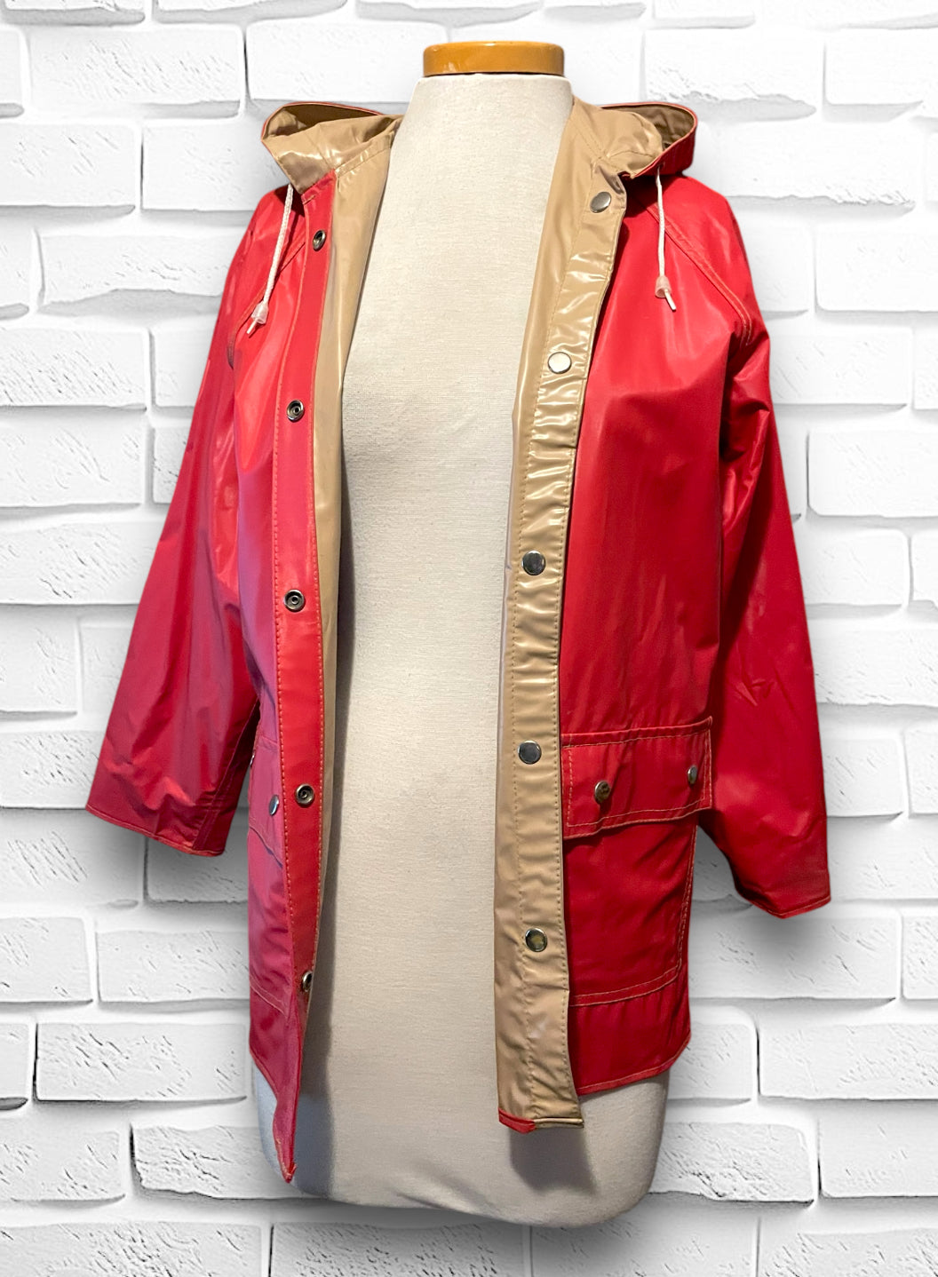 Vintage Reversible Red & Beige Hooded Raincoat Jacket