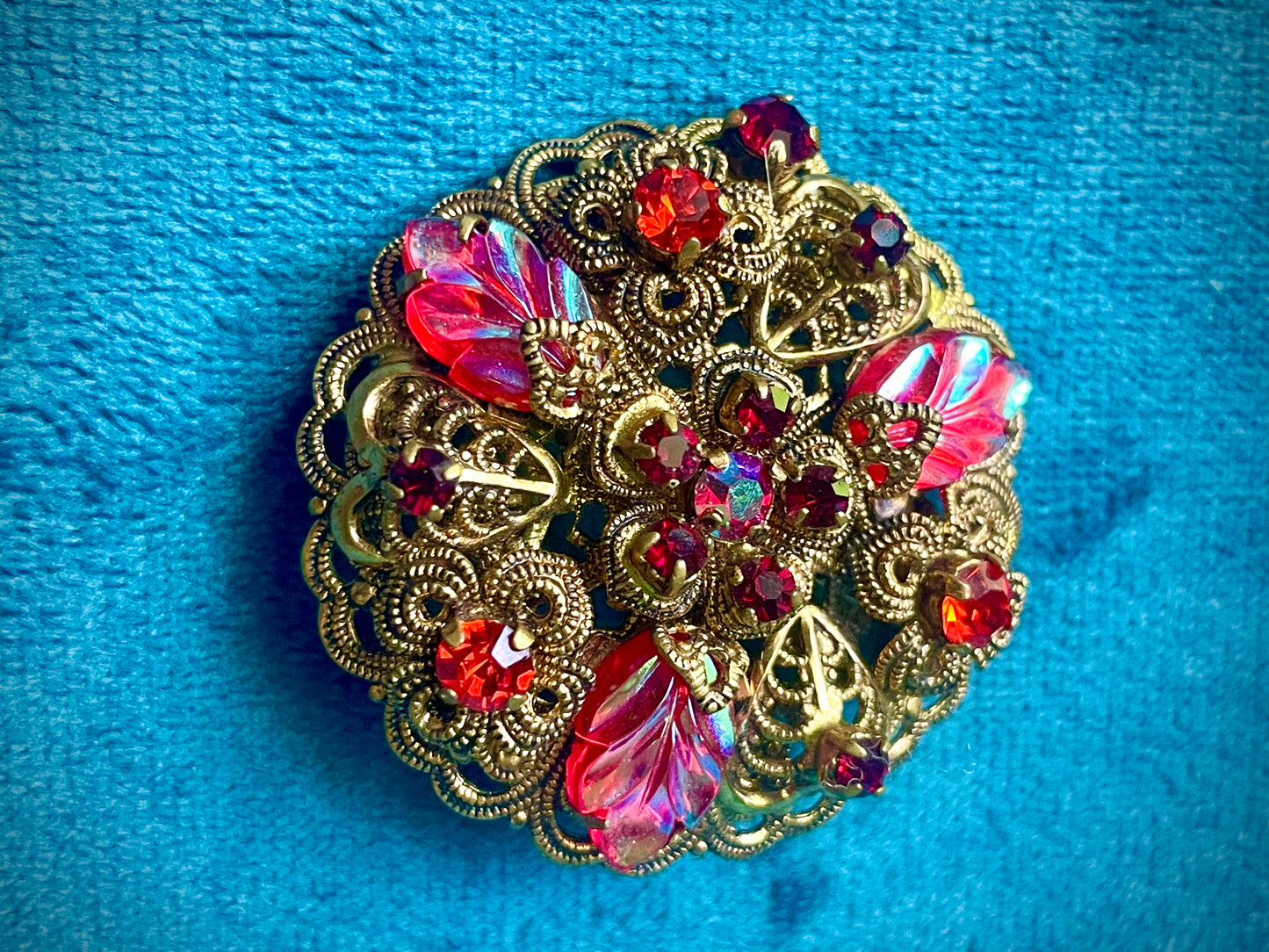 Red Carnival Art Glass Leaf & AB Crystal West German Brass Filigree Brooch