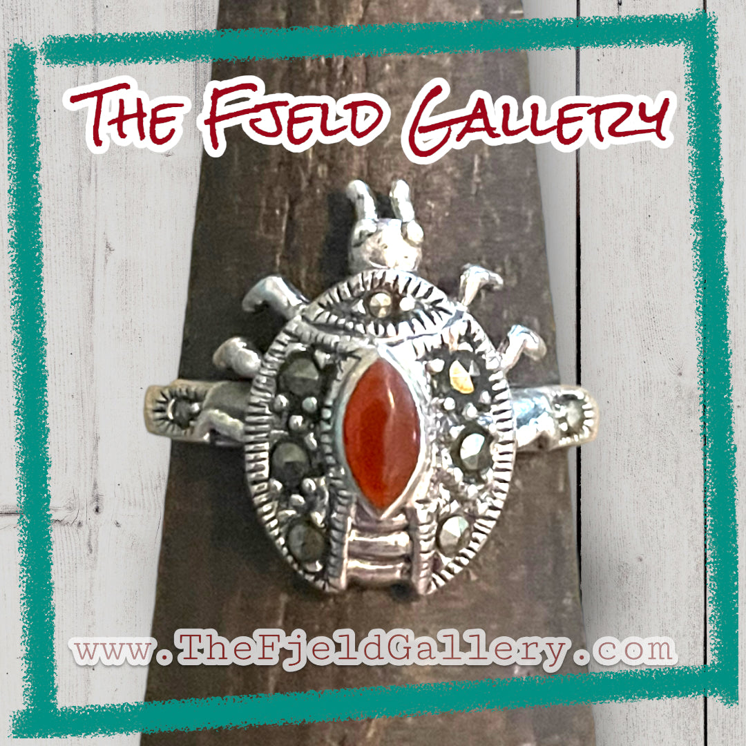 Carnelian & Marcasite Sterling Silver Art Deco Style Ring