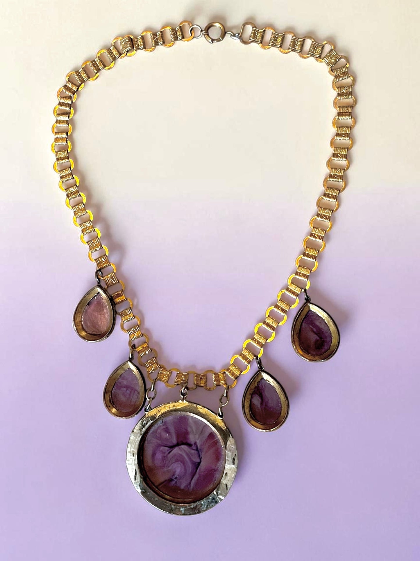 Incredible Victorian Booklink Chain Purple Marble Art Glass Festoon Necklace