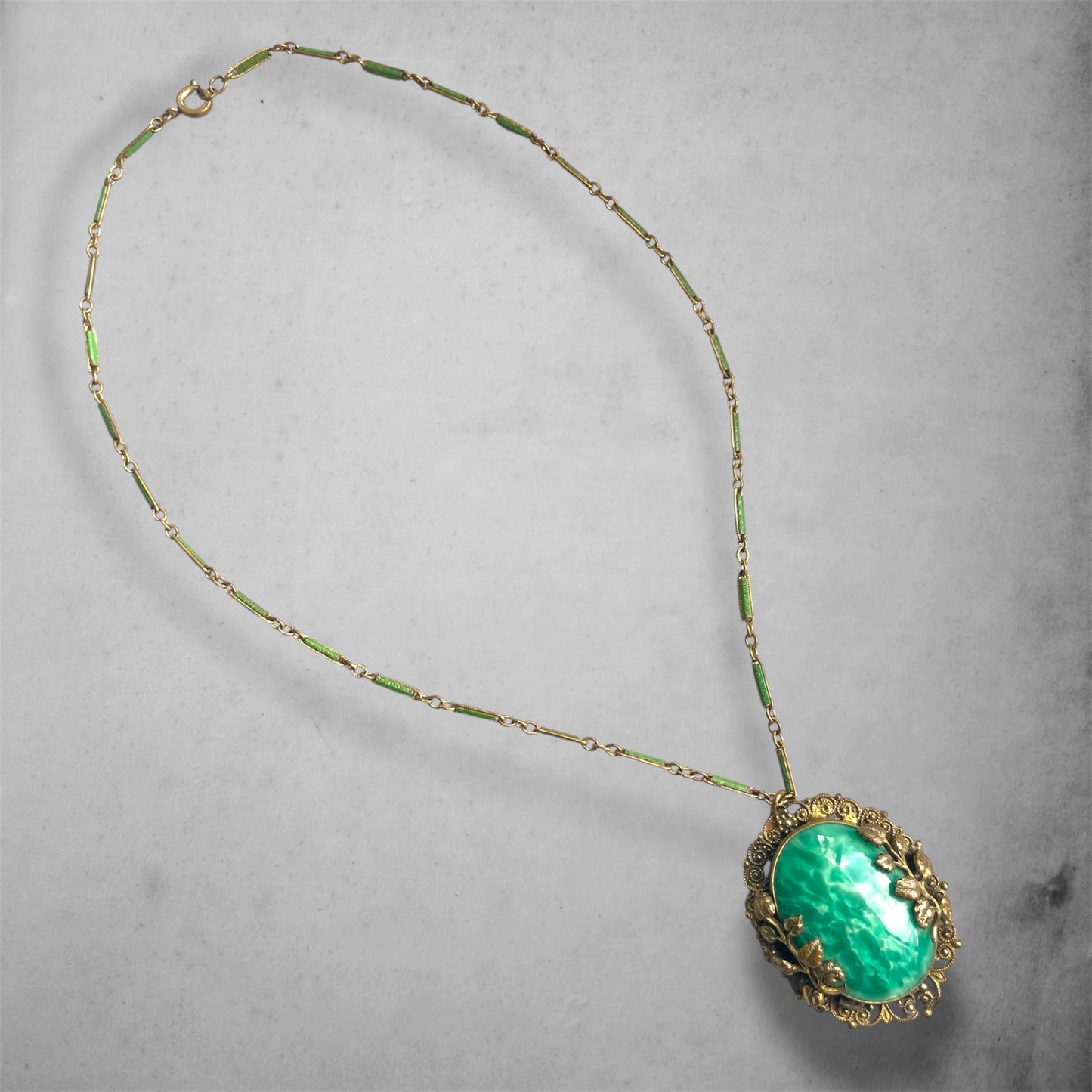 Art Nouveau Czech Peking Green Marble Art Glass Enamel Brass Filigree Necklace