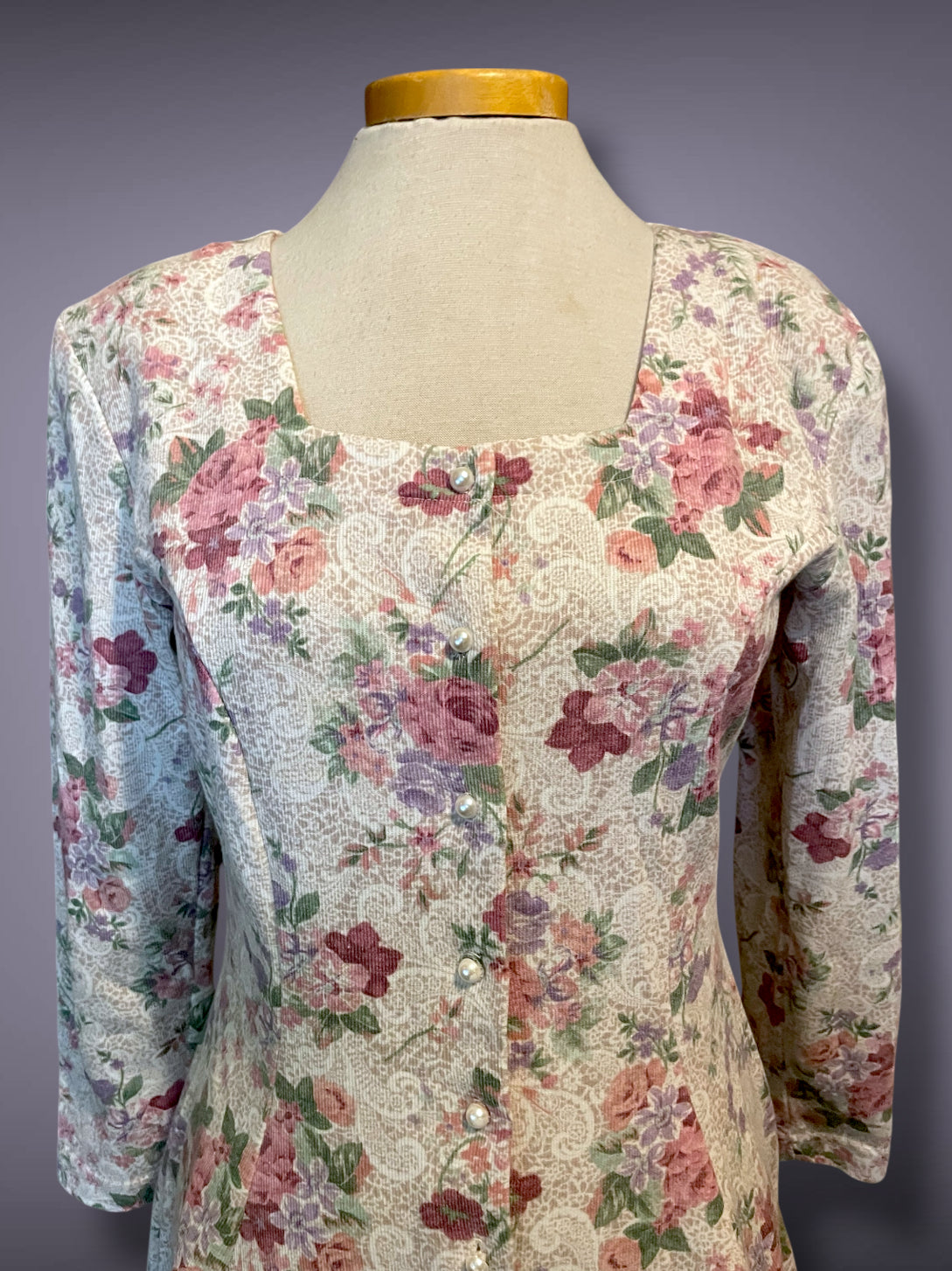 1990’s Pink Floral Rose Print Pearl Button Up Long Sleeve A-Line Dress