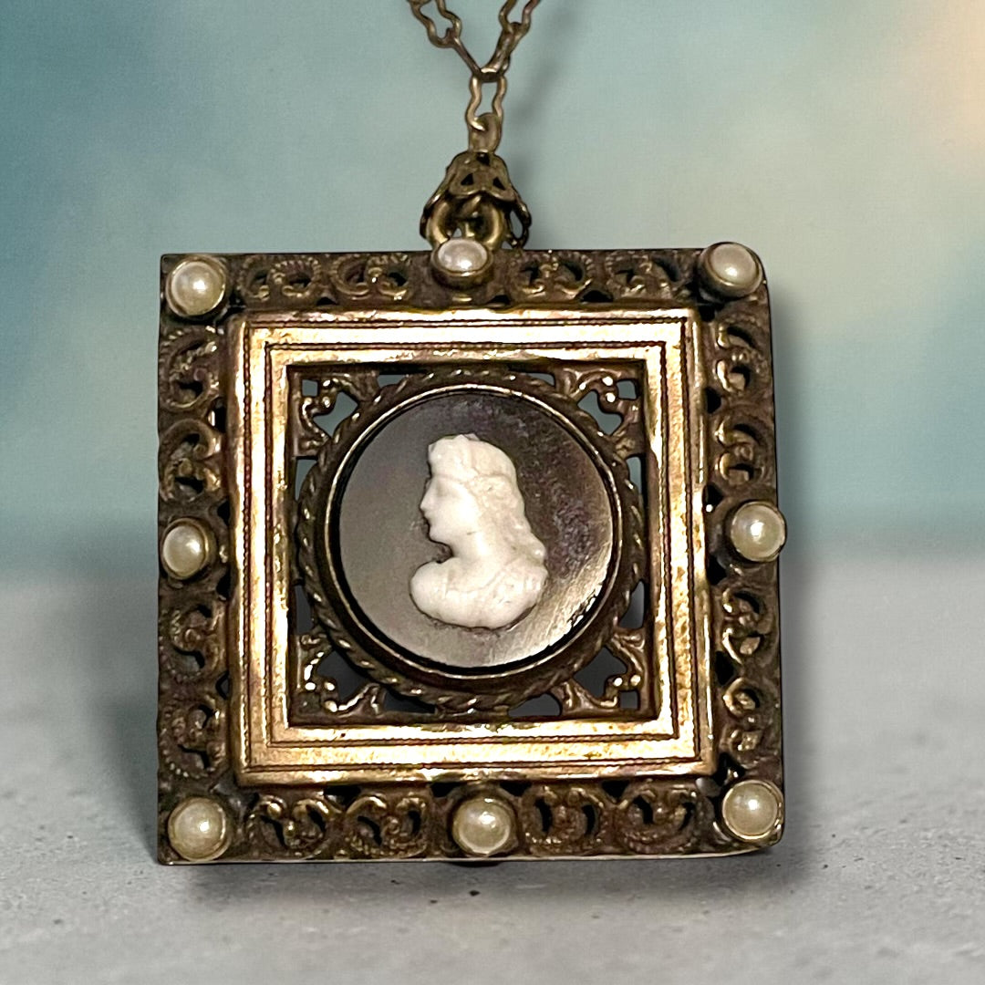 Brass Filigree Square Black & White Art Glass Mourning Cameo Photo Locket Necklace