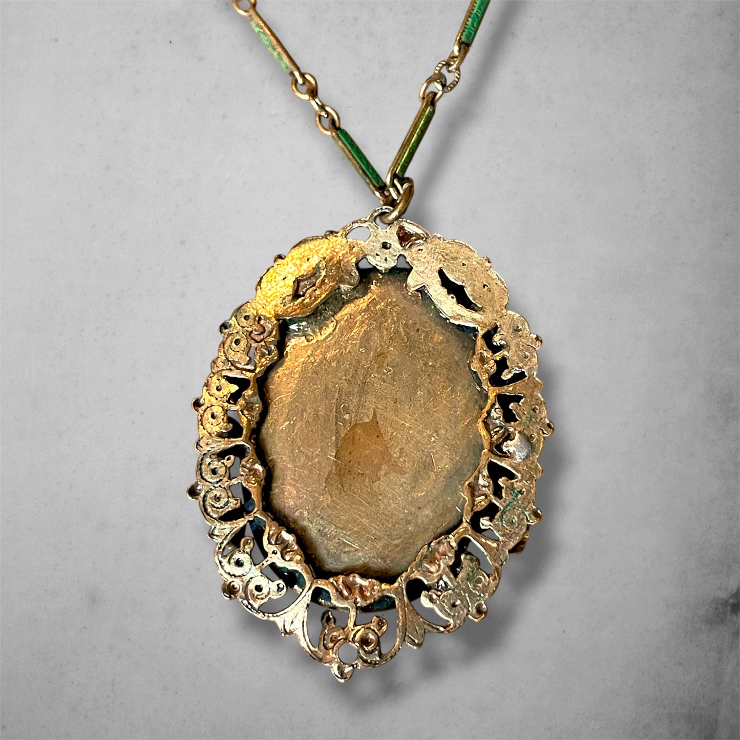 Art Nouveau Czech Peking Green Marble Art Glass Enamel Brass Filigree Necklace