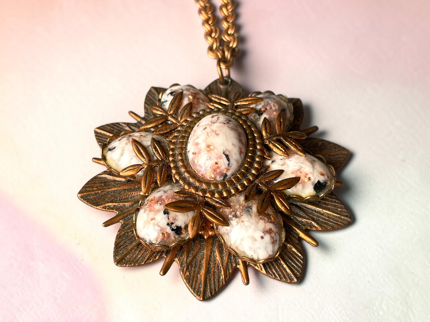 Renoir Copper Starburst White & Black, Pink Confetti Foil Art Glass Pendant Necklace