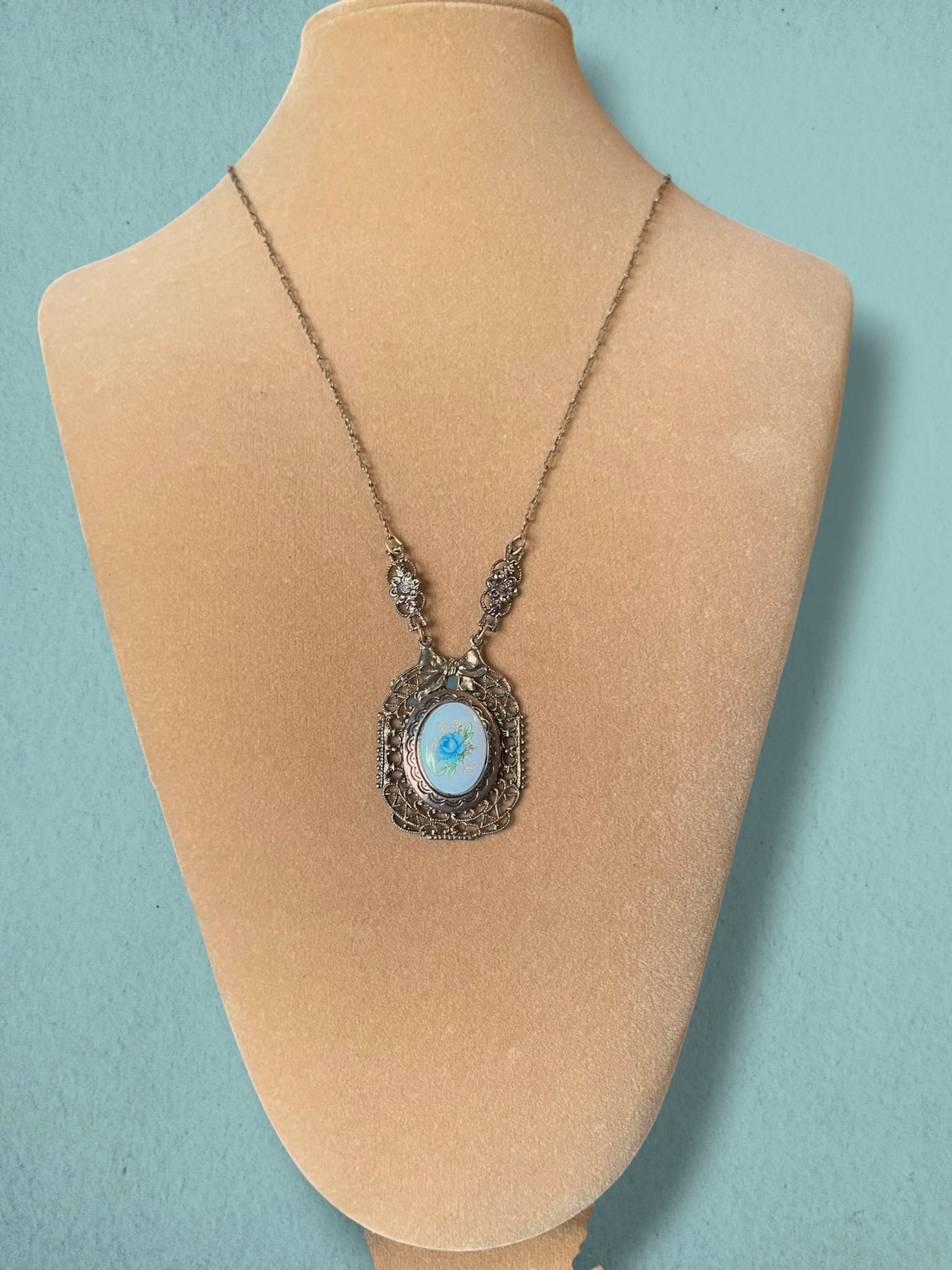 Art Nouveau Brass Filigree Blue Rose Porcelain Limoge Locket Necklace