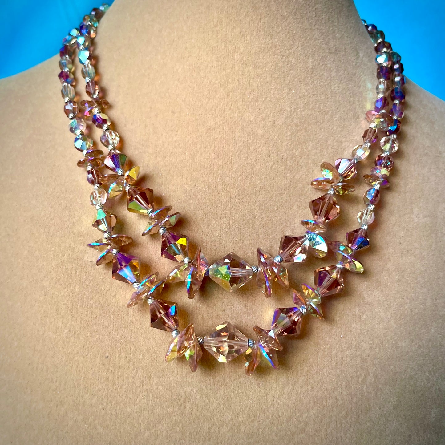 Aurora Borealis Champagne Austrian Crystal Double Strand Necklace & Bracelet Demi Parure