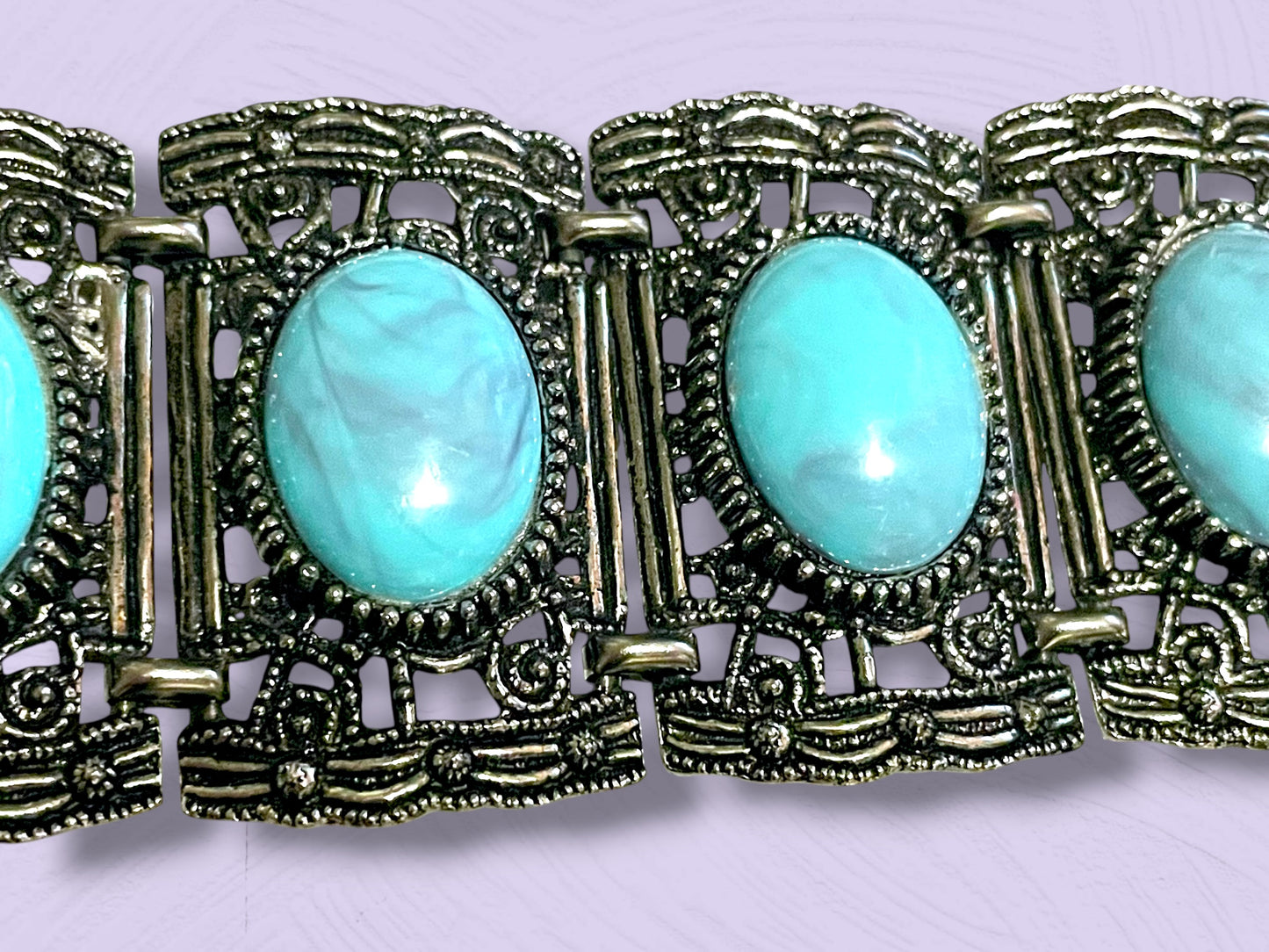 Vintage Chunky Silver Filigree Thermoset Faux Turquoise Panel Bracelet