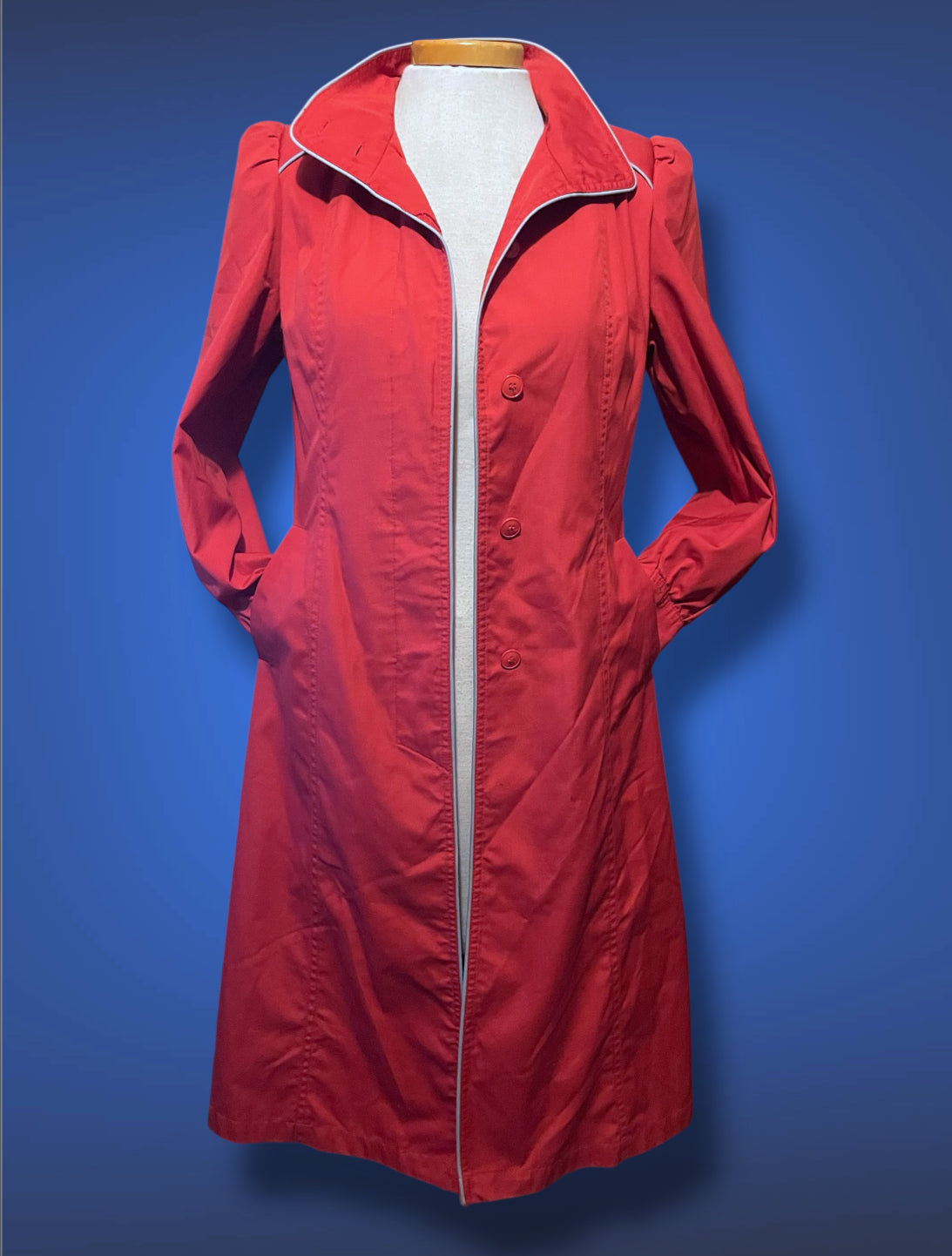 Vintage 1970’s Magenta Pink Long Trench Coat with Grey Piping Mod Detail