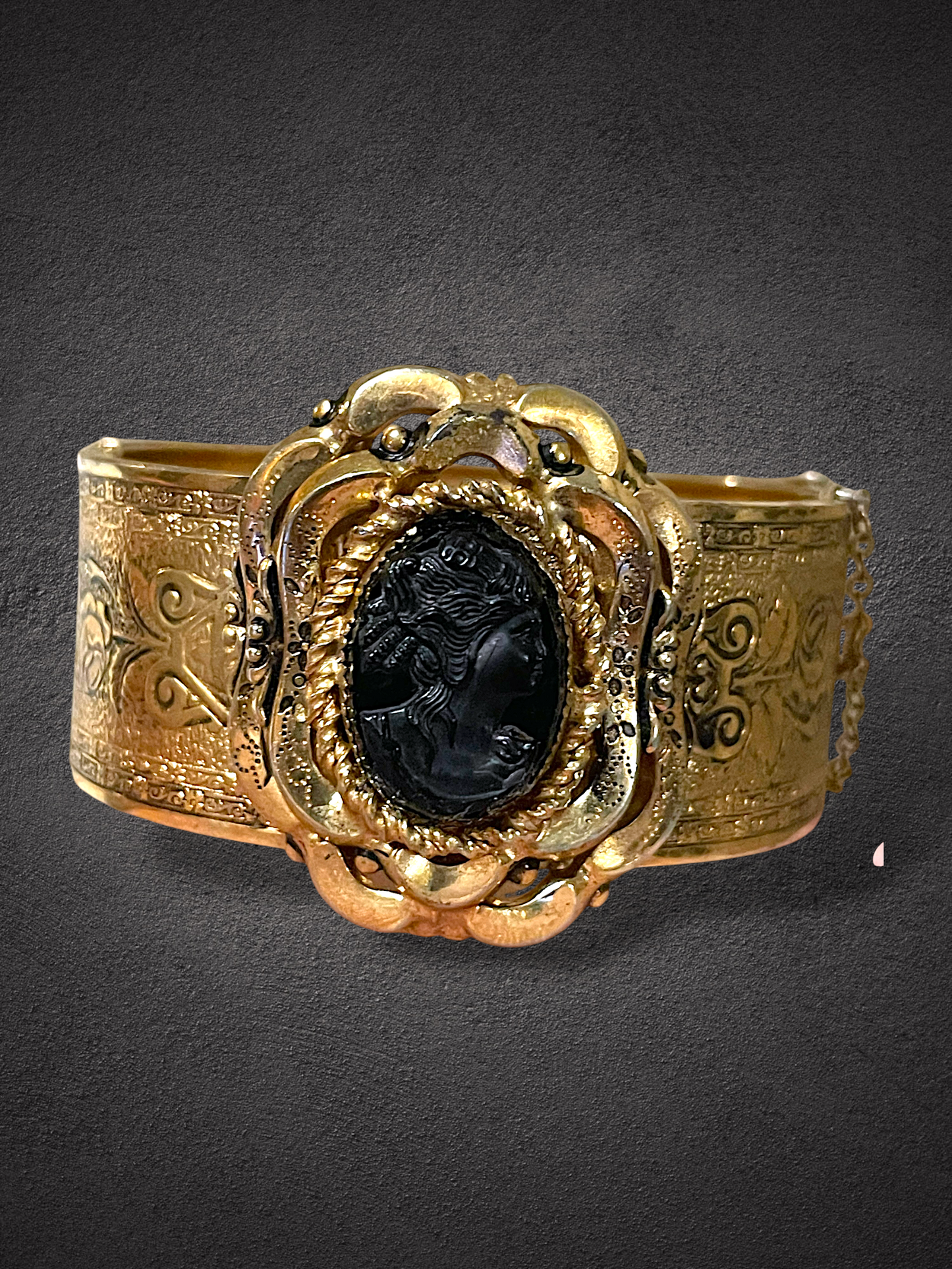 Victorian Gothic Black Glass Mourning Cameo Ornate Rose Engraved Rococo Hinged Bangle Bracelet