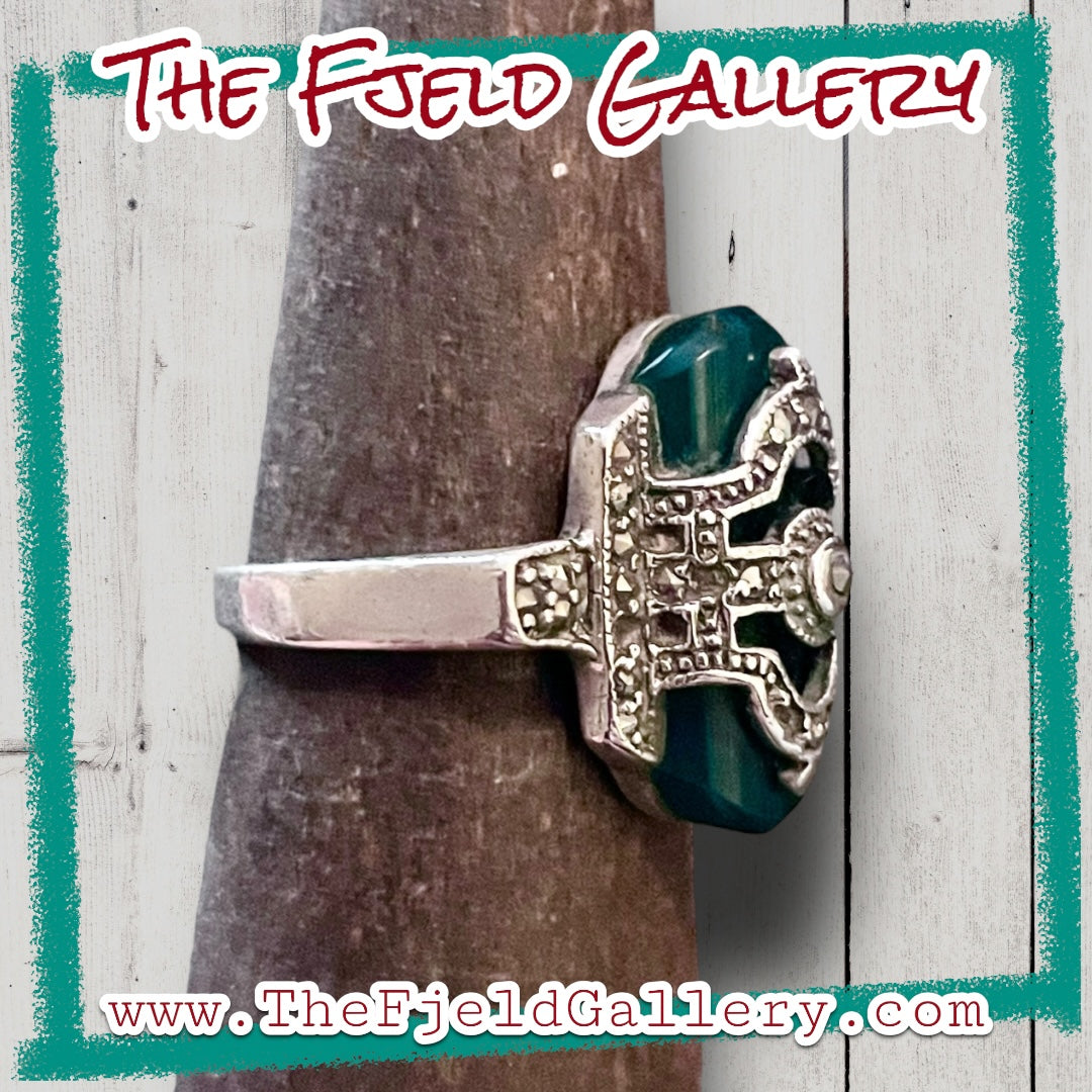 Chrysoprase Unique Art Deco Sterling Silver & Marcasite Overlay Ring
