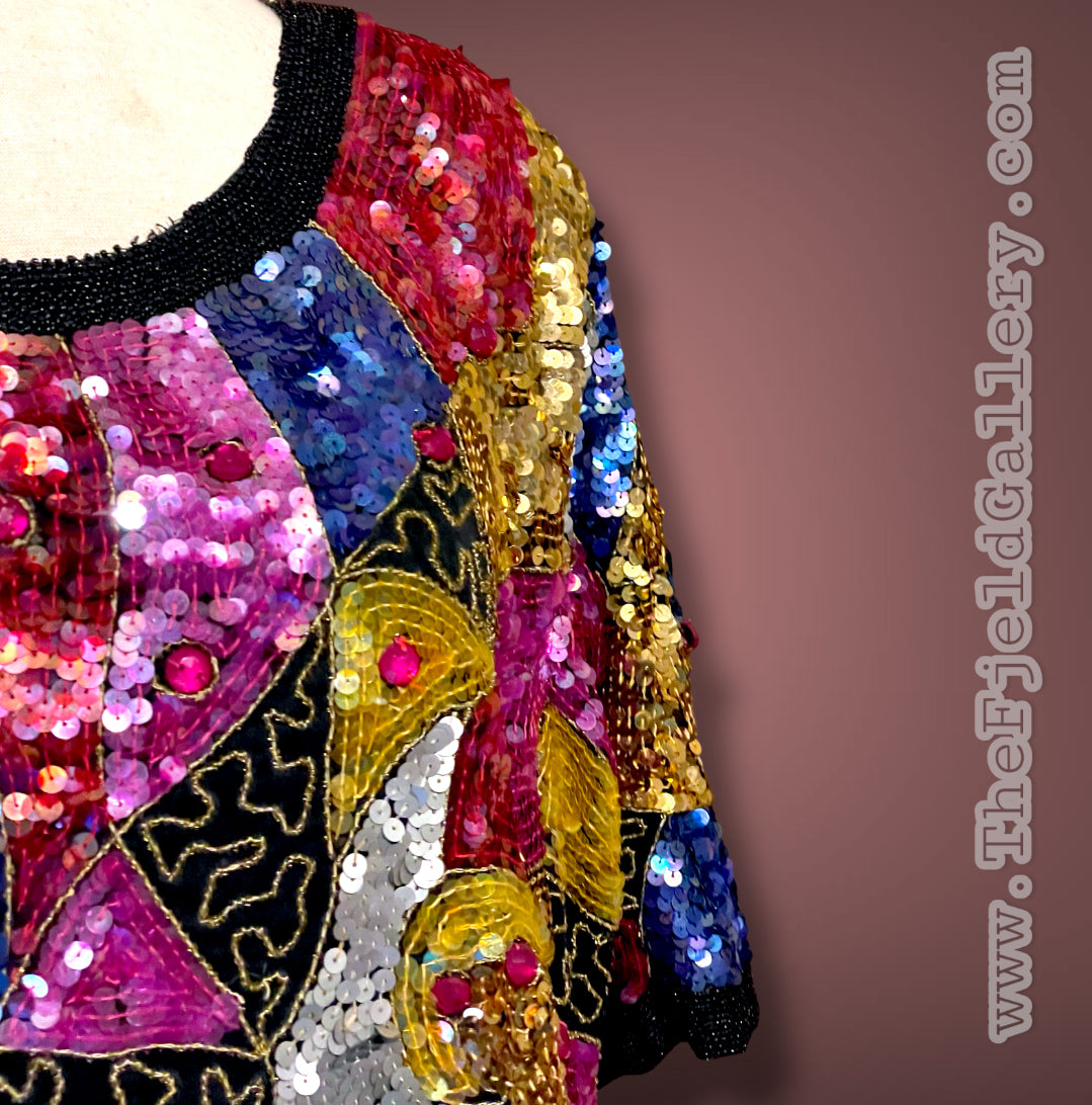 1970’s 100% Silk Sequin, Glass Seed Bead & Rhinestone Abstract Rainbow Top
