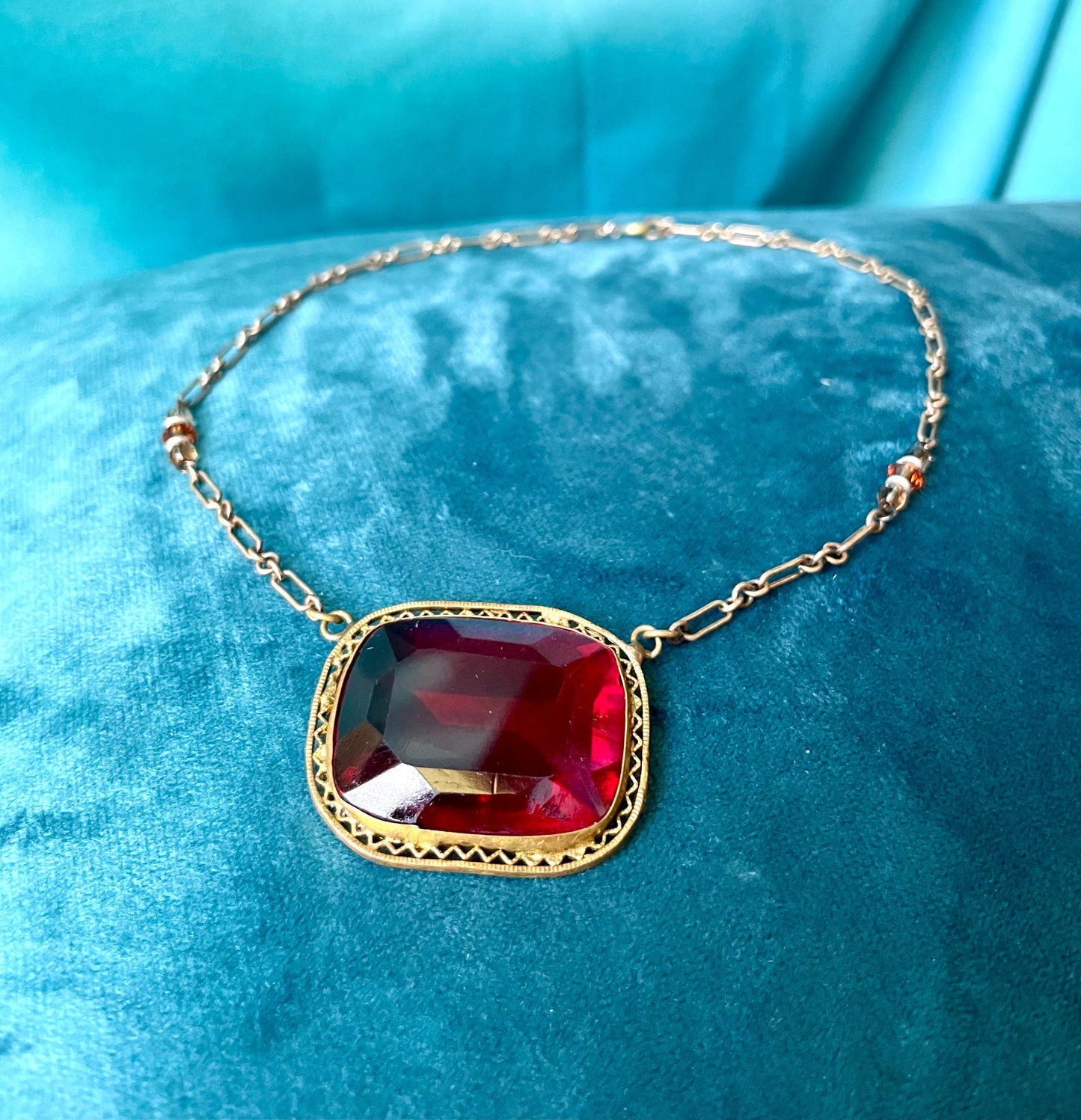 Art Deco Czech Brass Filigree Ruby Red Crystal Choker Necklace