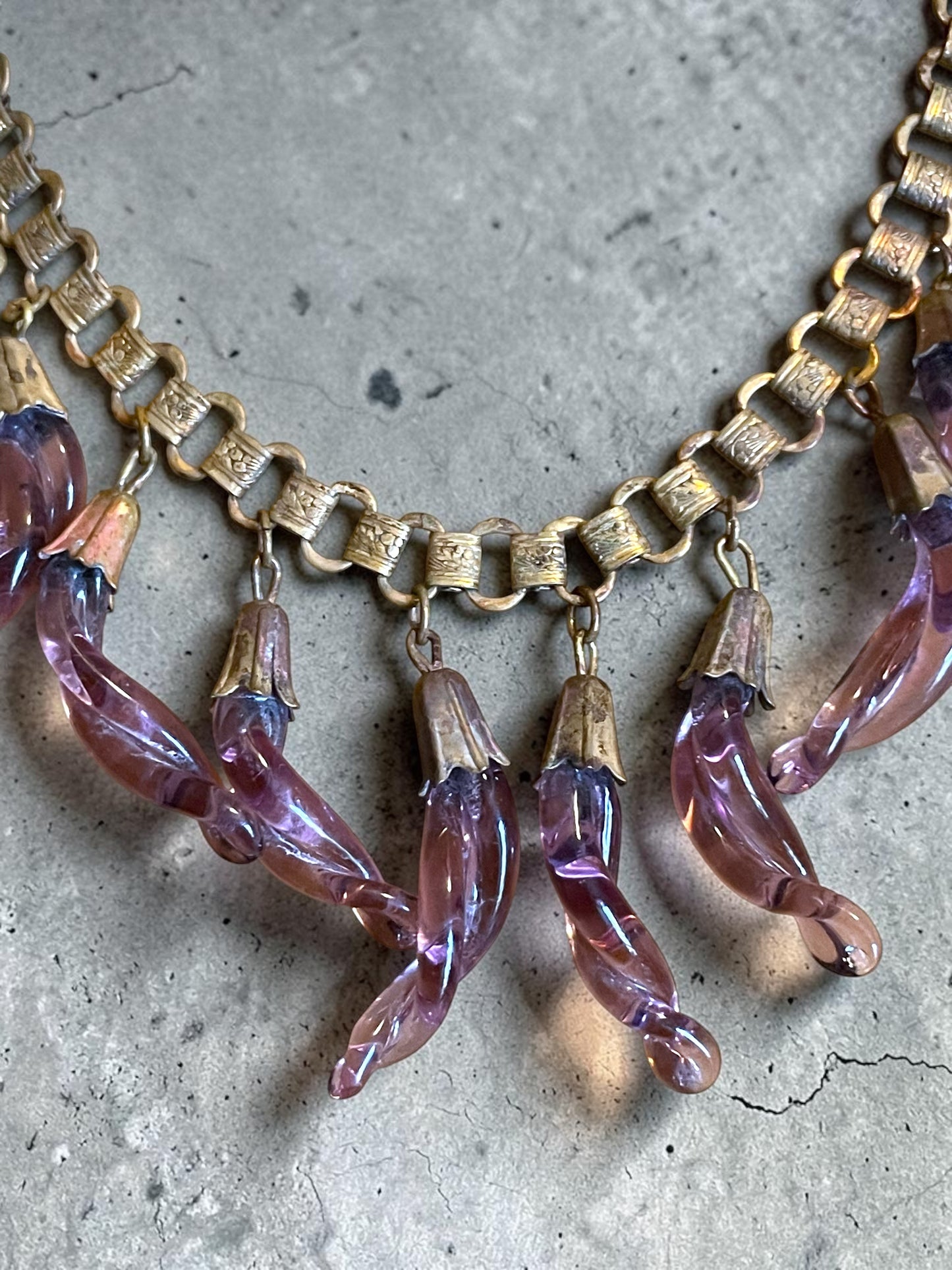 Victorian Book-link Chain Purple Twisted Eggplant Czech Art Glass Festoon Bib Necklace
