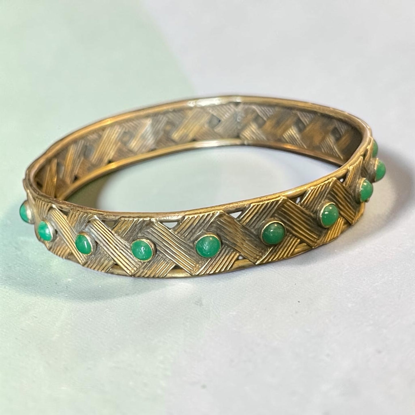 Edwardian Chrysoprase Gemstone Brass Bangle Bracelet