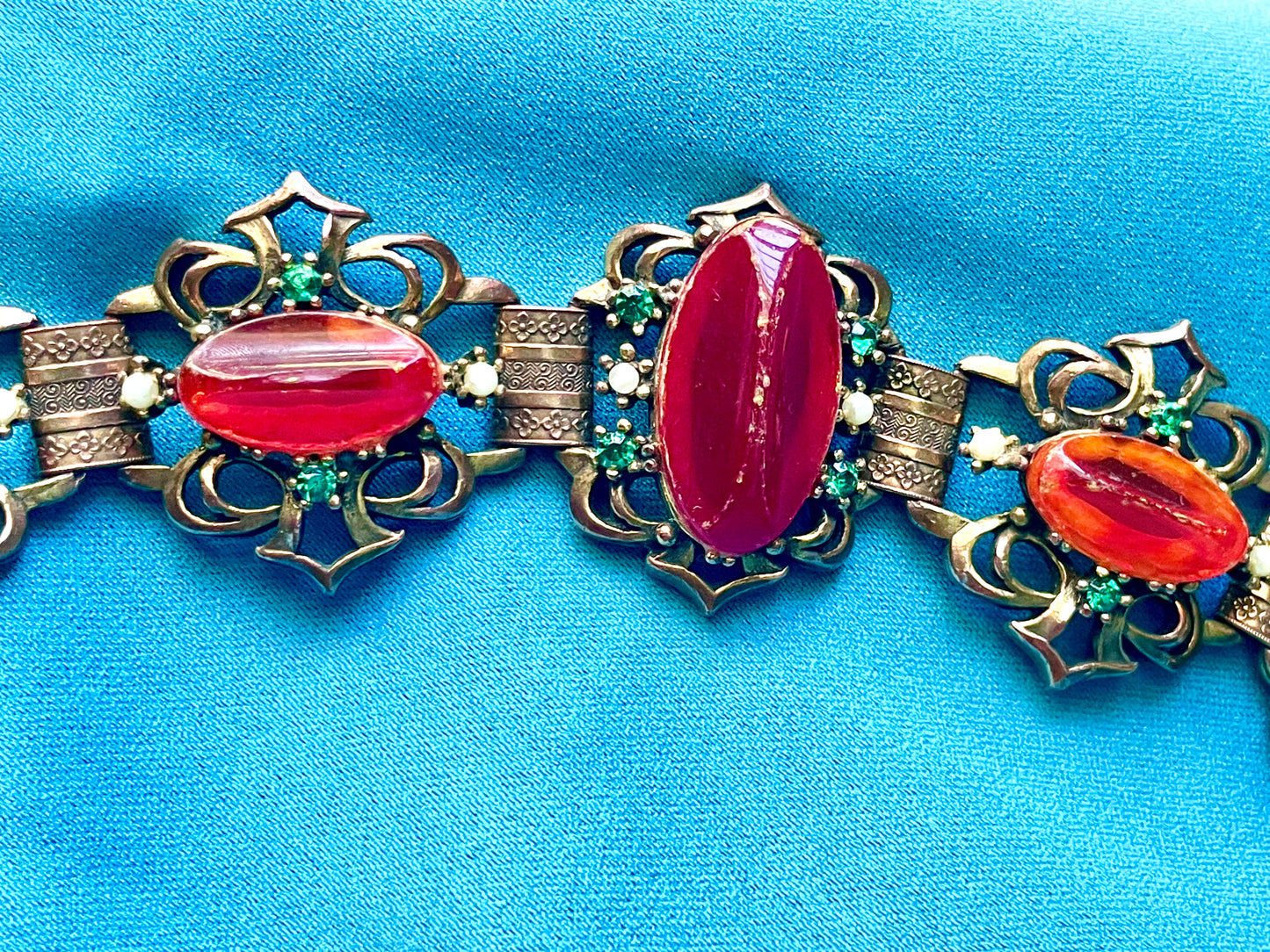 Heavy Brass Booklink Red-Orange Faux Amber Celluloid, Green Crystal & Pearl Panel Link Bracelet