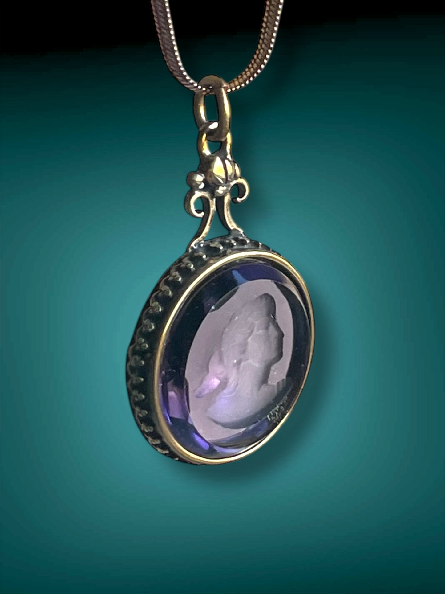 Art Nouveau Brass Scarab Set Purple Faceted Glass Intaglio Cameo Pendant Necklace