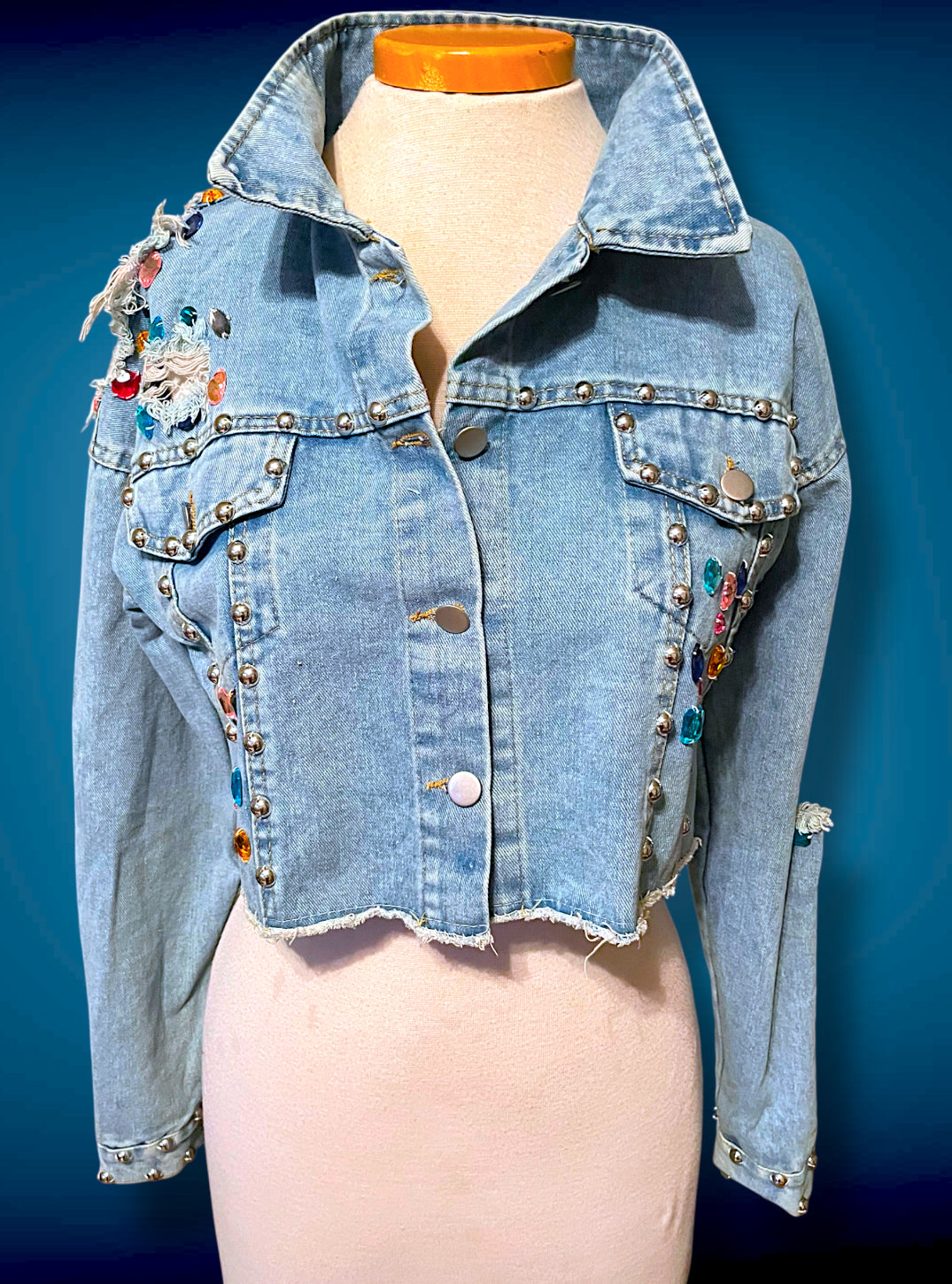 Vintage 1980’s Rainbow Jewel Crystal Stone Encrusted & Metal Rivet Crop Distressed Jean Jacket