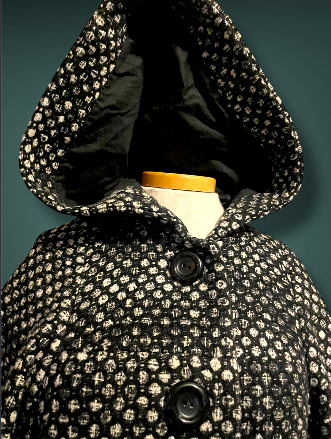 Vintage Mod Wool Black & White Polkadot A Line Jacket with Hood, & Pockets