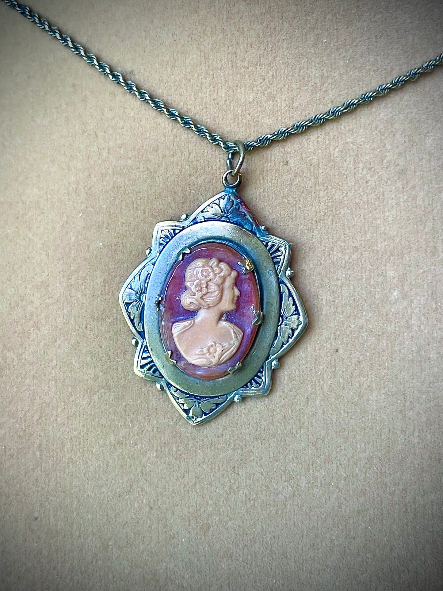 Art Nouveau Engraved Brass Orange & Cream Celluloid Cameo Necklace