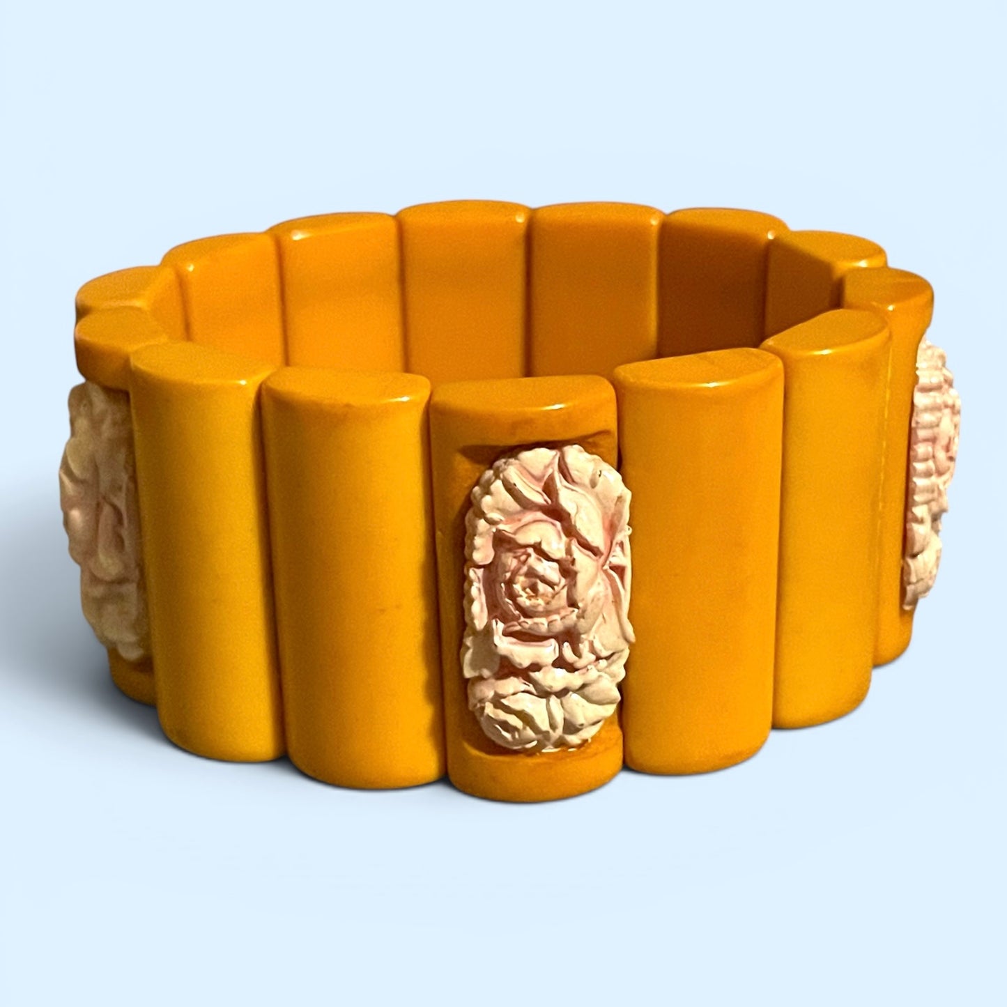 Antique Butterscotch Bakelite & Pink Molded Rose Celluloid Link Stretch Bracelet