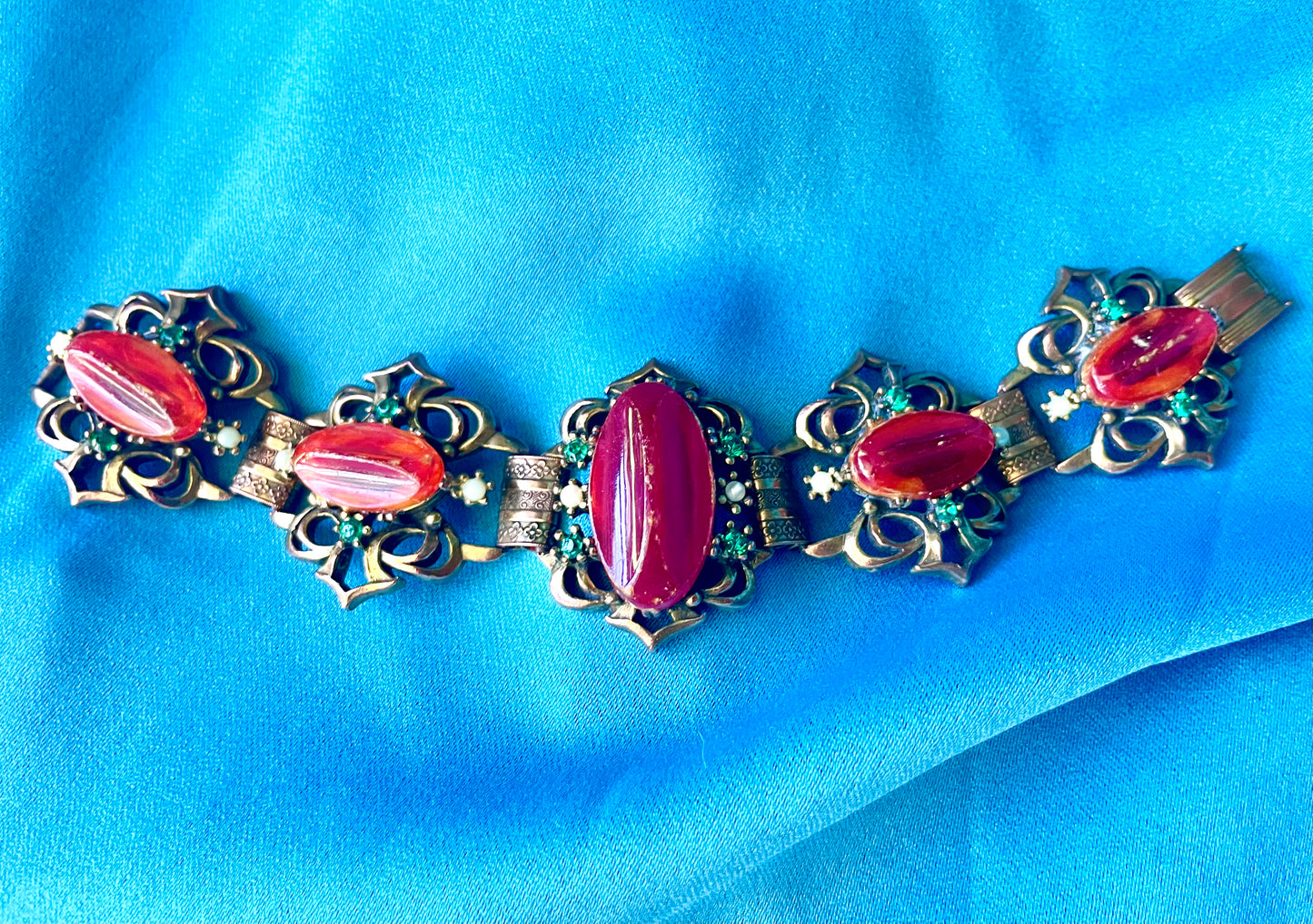 Heavy Brass Booklink Red-Orange Faux Amber Celluloid, Green Crystal & Pearl Panel Link Bracelet