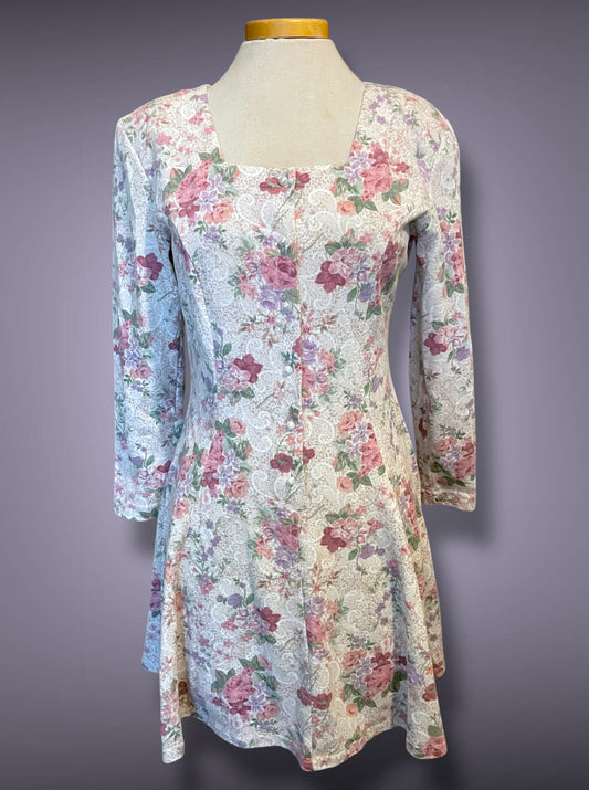 1990’s Pink Floral Rose Print Pearl Button Up Long Sleeve A-Line Dress
