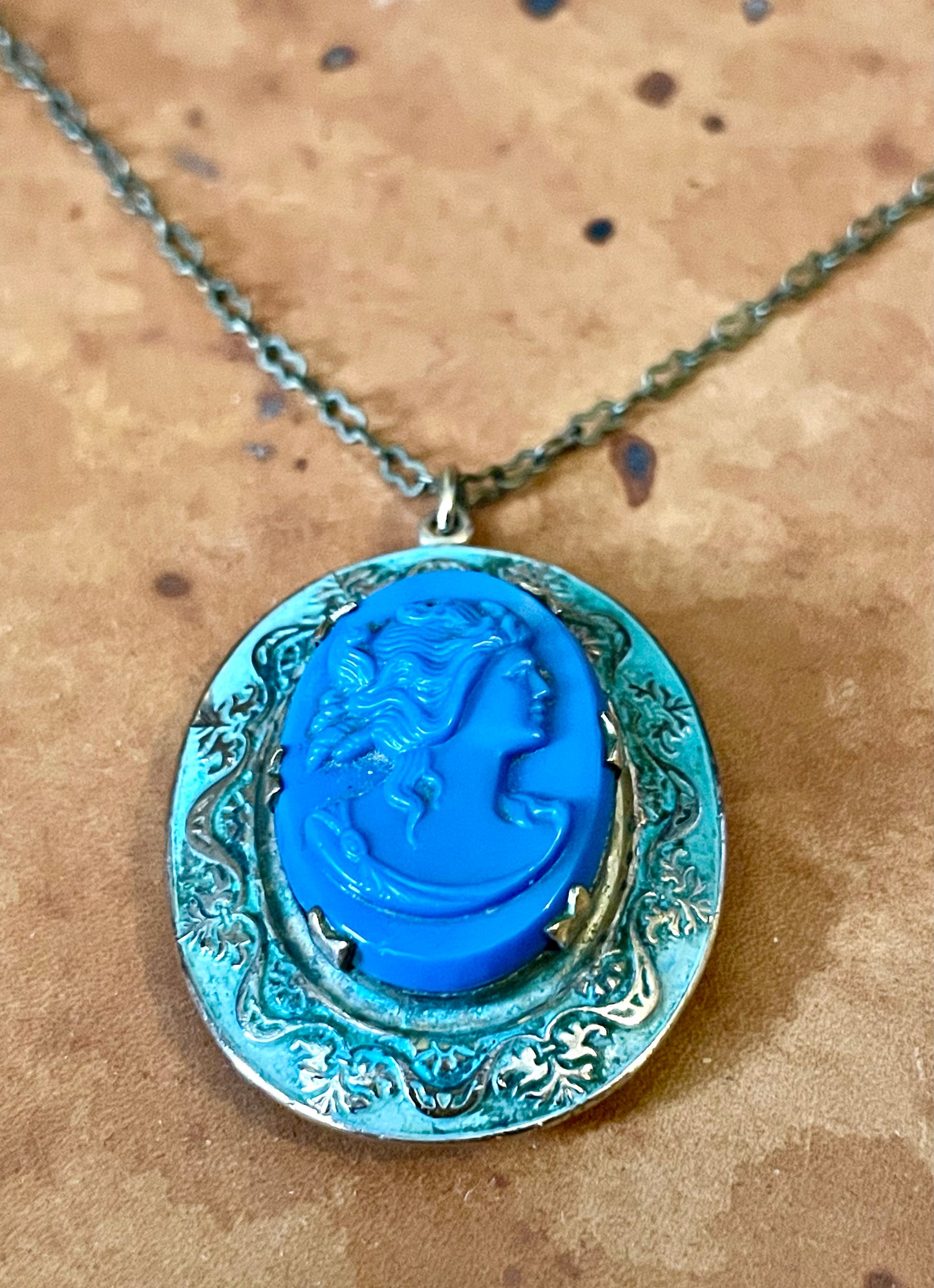 Art Nouveau Brass & Green Enamel Blue Art Glass Cameo Locket Necklace