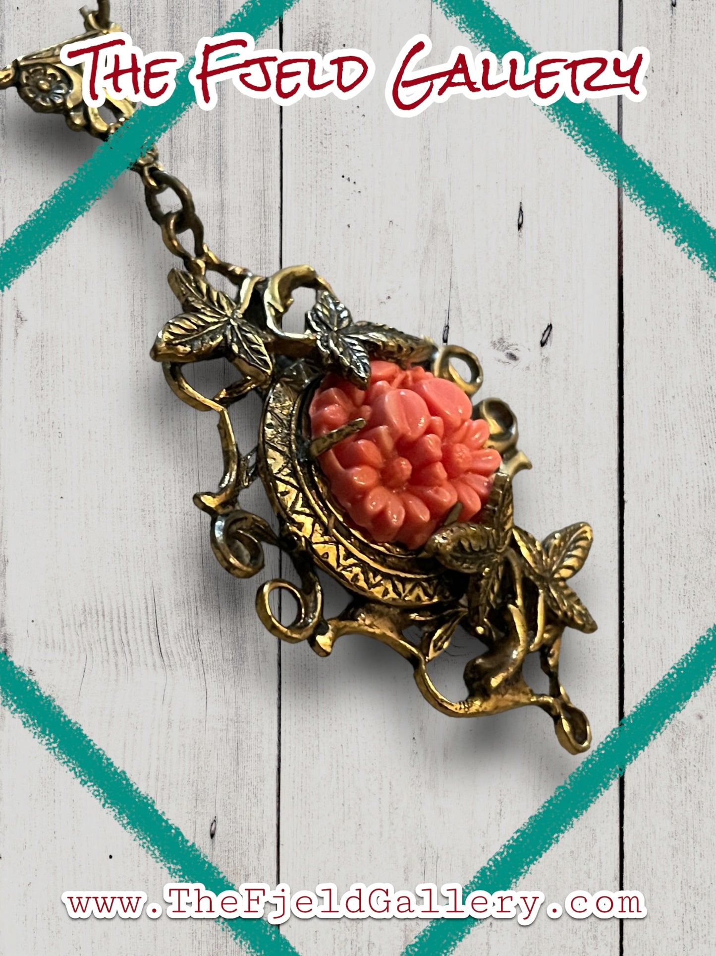 Art Nouveau Czech Brass Filligree Stamped Floral Necklace with Coral Pink Glass Molded Daisy Flowers