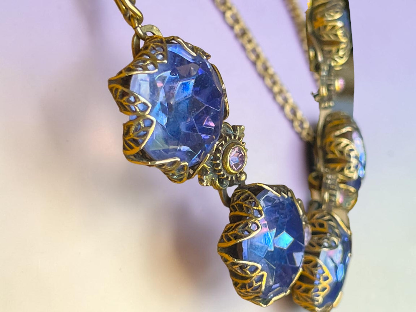 Art Nouveau Austrian Lilac Purple & Pink Crystal Gold Filled Brass Filigree Schiaparelli Necklace