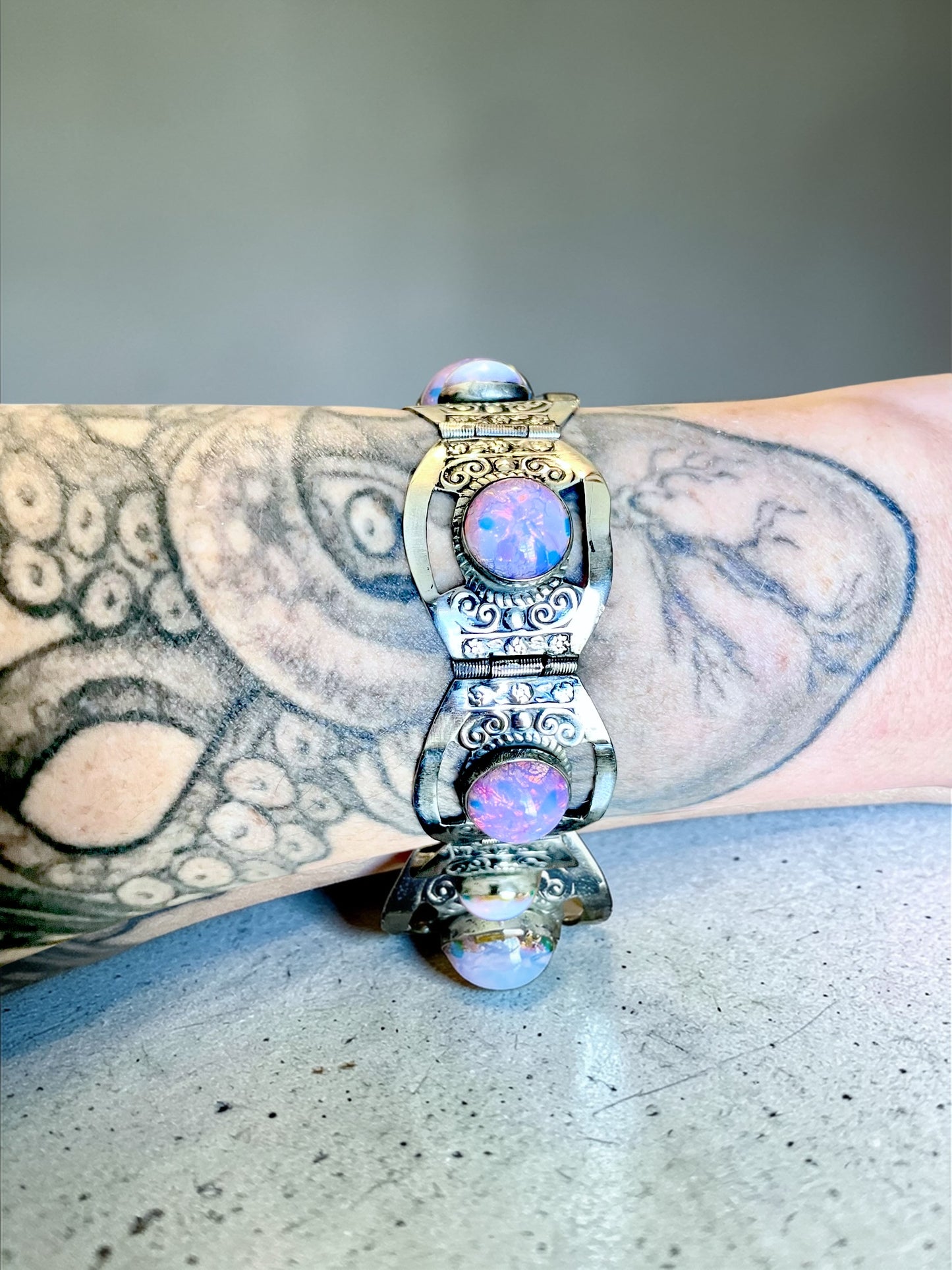 Sterling Pink Dragons Breath Fire Opal Foil Art Glass Taxco Mexico Bracelet