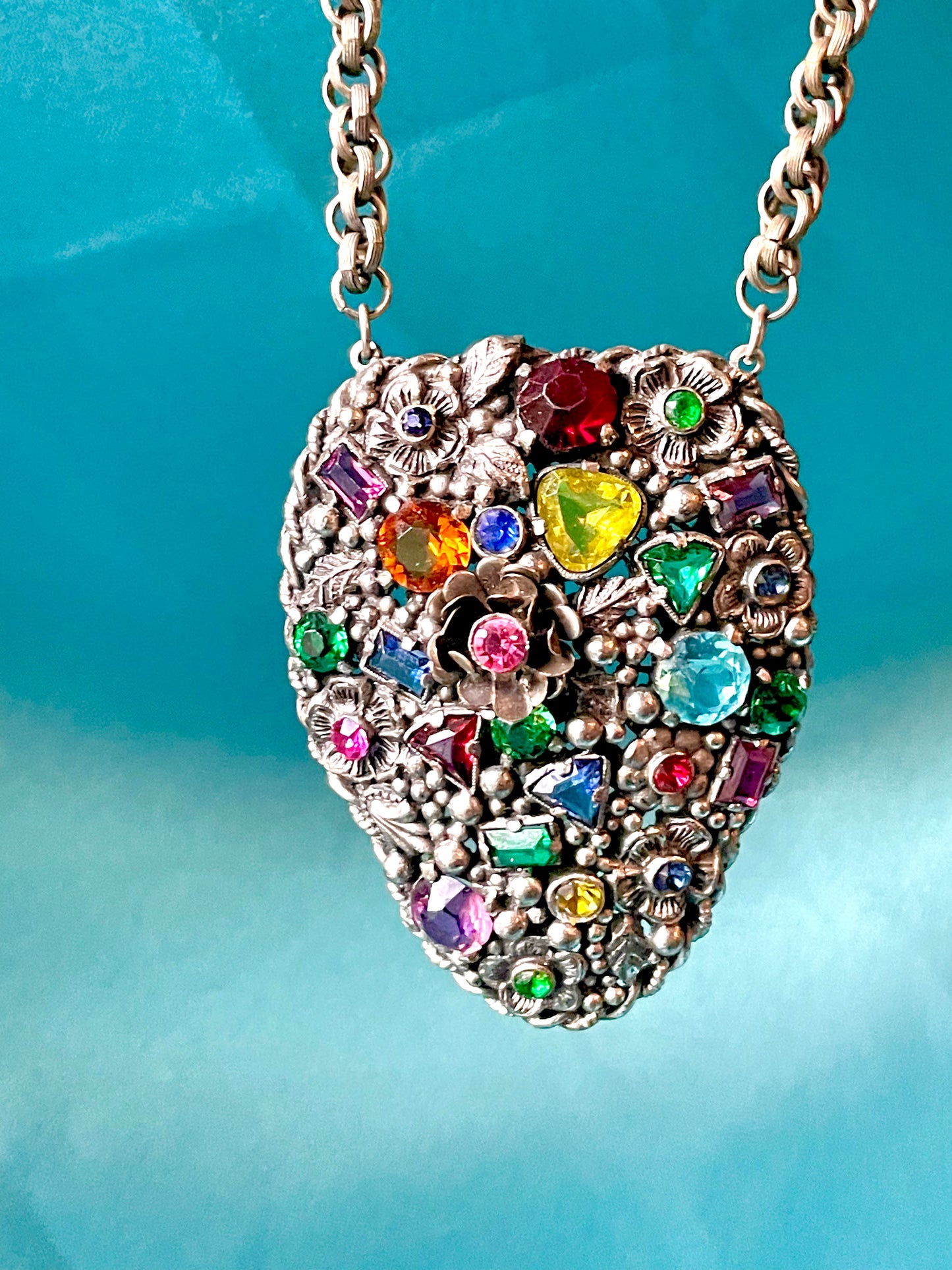 Incredible Fruit Salad Multicolor Rainbow Crystal Floral Art Nouveau Pendant Necklace