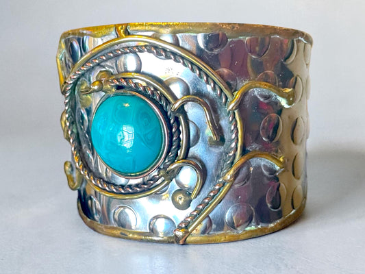 Brutalist Turquoise Art Glass Copper, Brass & Silver Wide Hammered Cuff Bracelet