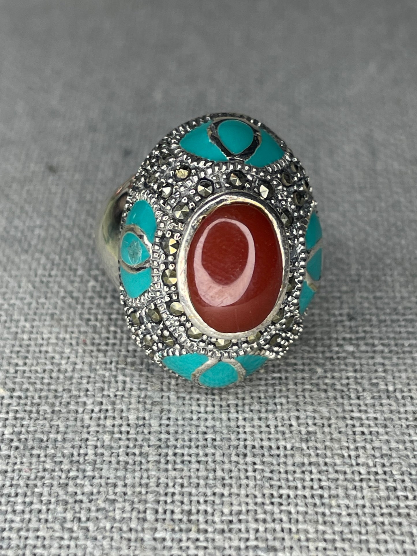 Sterling Silver Red Coral, Turquoise & Marcasite Gemstone Ring