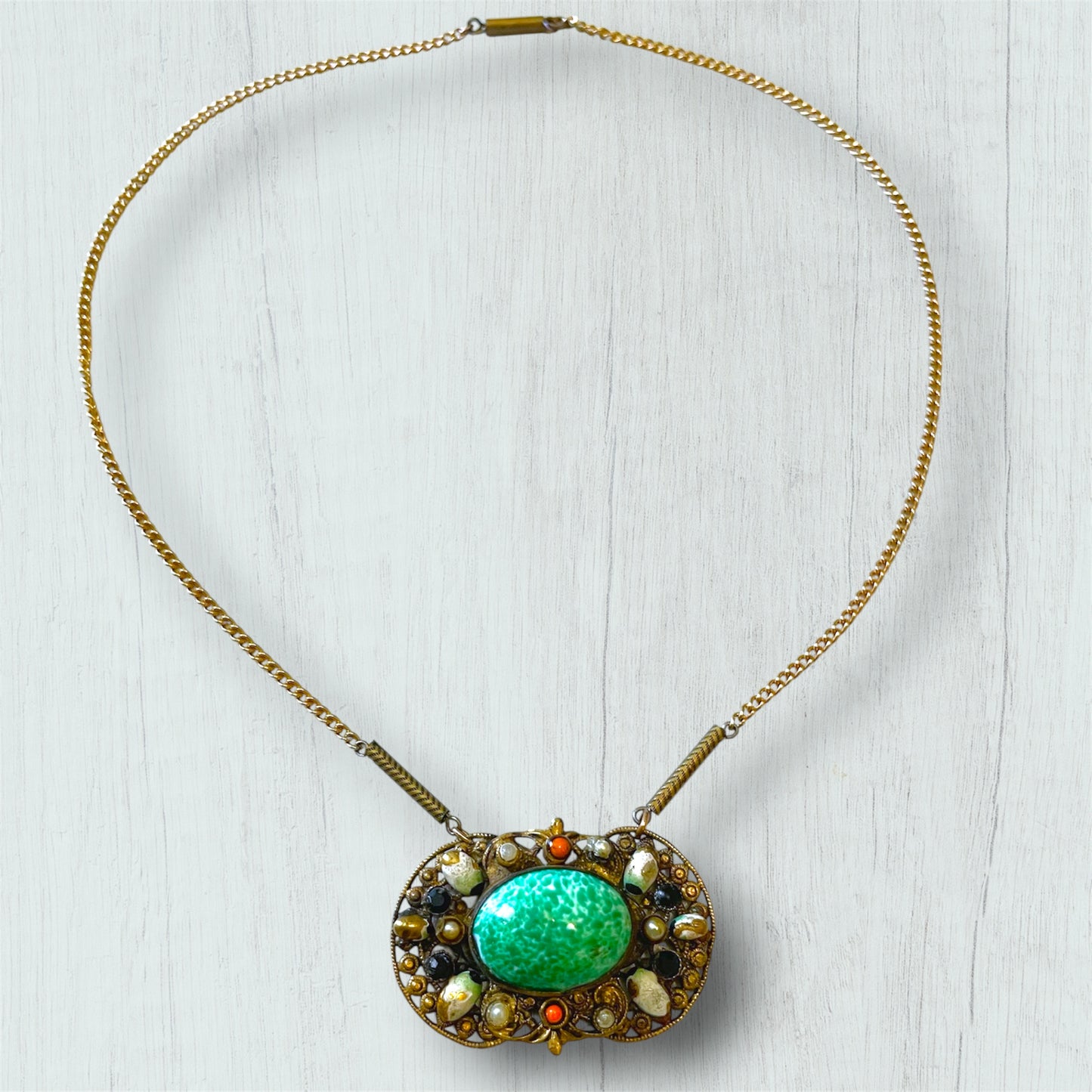 Art Nouveau Czechoslovakian Brass Filigree Jade Peking Art Glass Necklace