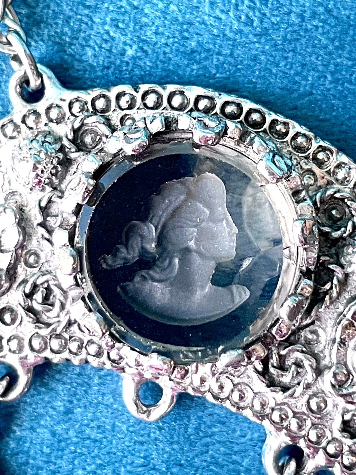 Grey Faceted Intaglio Cameo Crescent Moon Dangling Crystal Vintage Necklace