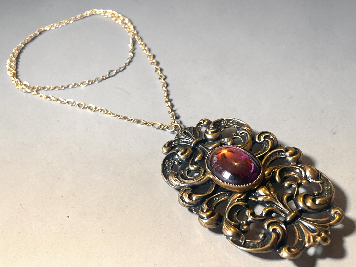 Art Nouveau Ornate Brass Purple Art Glass Pendant Necklace