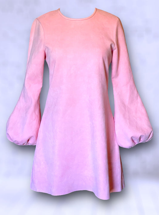 Vintage Cynthia Rowley Retro Pink Faux Suede Bubble Long Sleeve 60’s Mod Dress