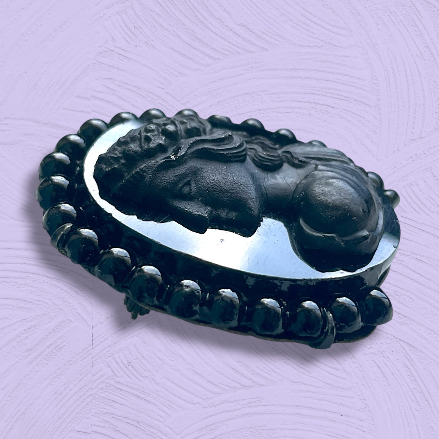 Victorian Mourning Cameo Ribbon Holder Black Molded Glass Brooch