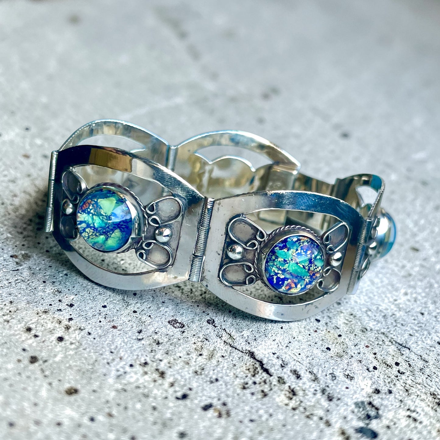 Sterling Silver Blue Green Dragons Breath Fire Opal Taxco Mexico Panel Bracelet